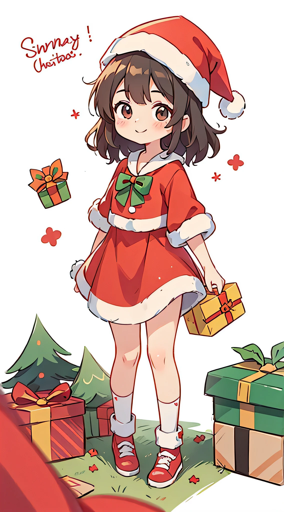 fundo vermelho,A cute girl dressed as Santa Claus and a gift、A smile、