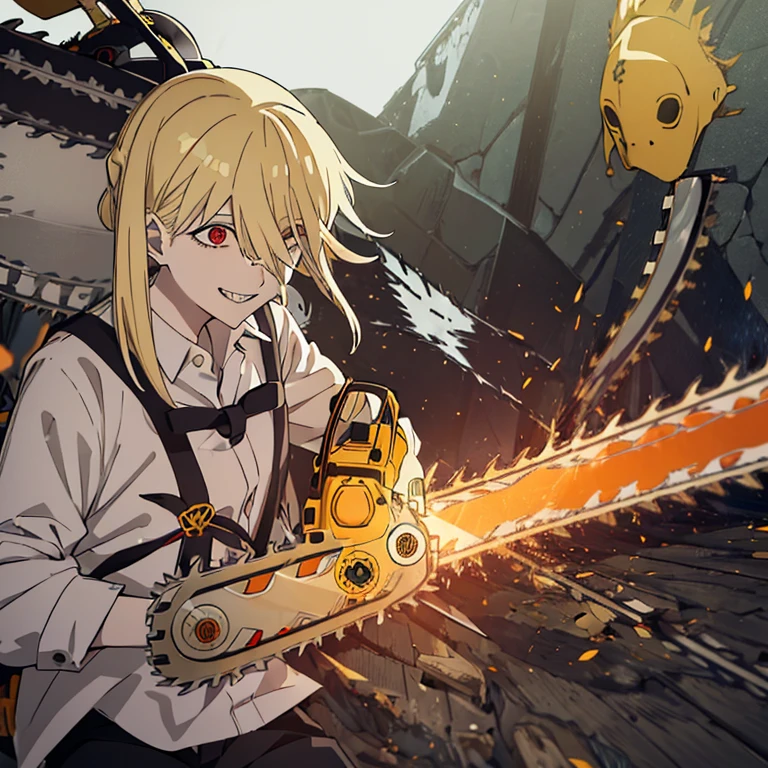 1girl,Bob,yellow hair,White button-down shirt,Black pants,(((((have a chainsaw))))),red eyes,grin,stick out tongue,tie,(((((血))))),guro,devil hunter,hiquality,sharp teeth,