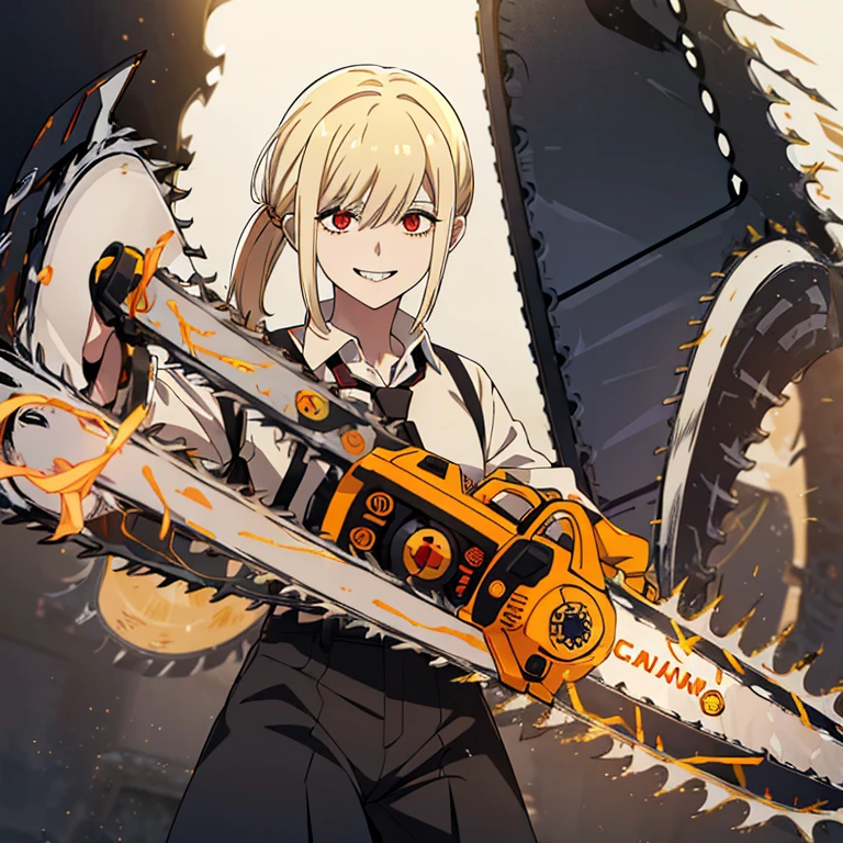 1girl,Bob,yellow hair,White button-down shirt,Black pants,(((((have a chainsaw))))),red eyes,grin,stick out tongue,tie,(((((血))))),guro,devil hunter,hiquality,sharp teeth,