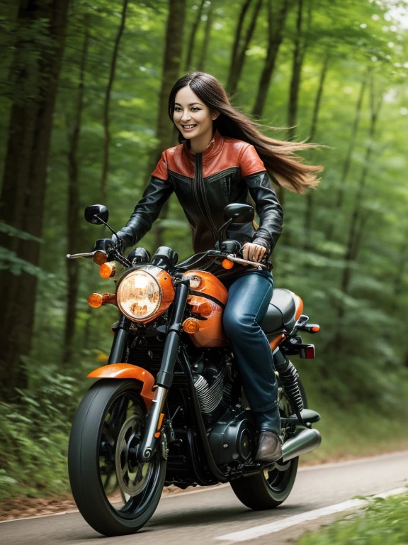 japanese painting、Motorcycles、Harley davidson、A beautiful woman is riding、Longhaire、Red leather rider suit、running on a forest road in the forest、reallistic、high-detail、