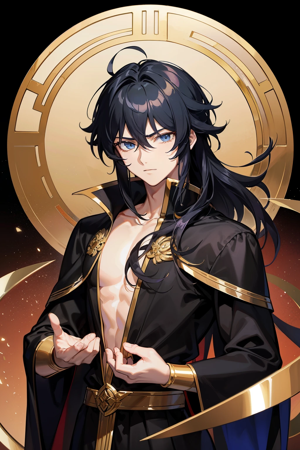 (high-quality, breathtaking),(expressive eyes, perfect face) 1boy, male, solo, young adult , black hair, blue coloured eyes, gentle smile, medium length hair, loose hair, side bangs, curley hair, looking at viewer, facing towards viewer, portrait, plain black robe with gold trim around the collar and down the middle, long sleeves, collared, greek, red and gold sash, saint seiya lost canvas, hypnos saint seiya lost canvas, thanatos saint seiya lost canvas, slightly narrow eyes, masculine face, masculine eyes, saint seiya lost canvas, really spiky hair, spiked up hair, cloth robe, Alone Saint Seiya, Character Alone Saint seiya