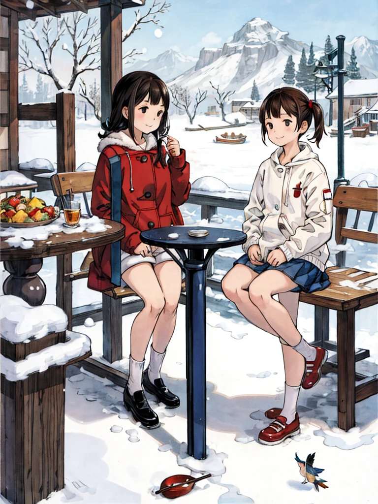 best quality, detailed background, girl,sea, cafeteria, bird, snow, winter, <lora:shadowverseFlame_hahajimafuwariV3:0.3>