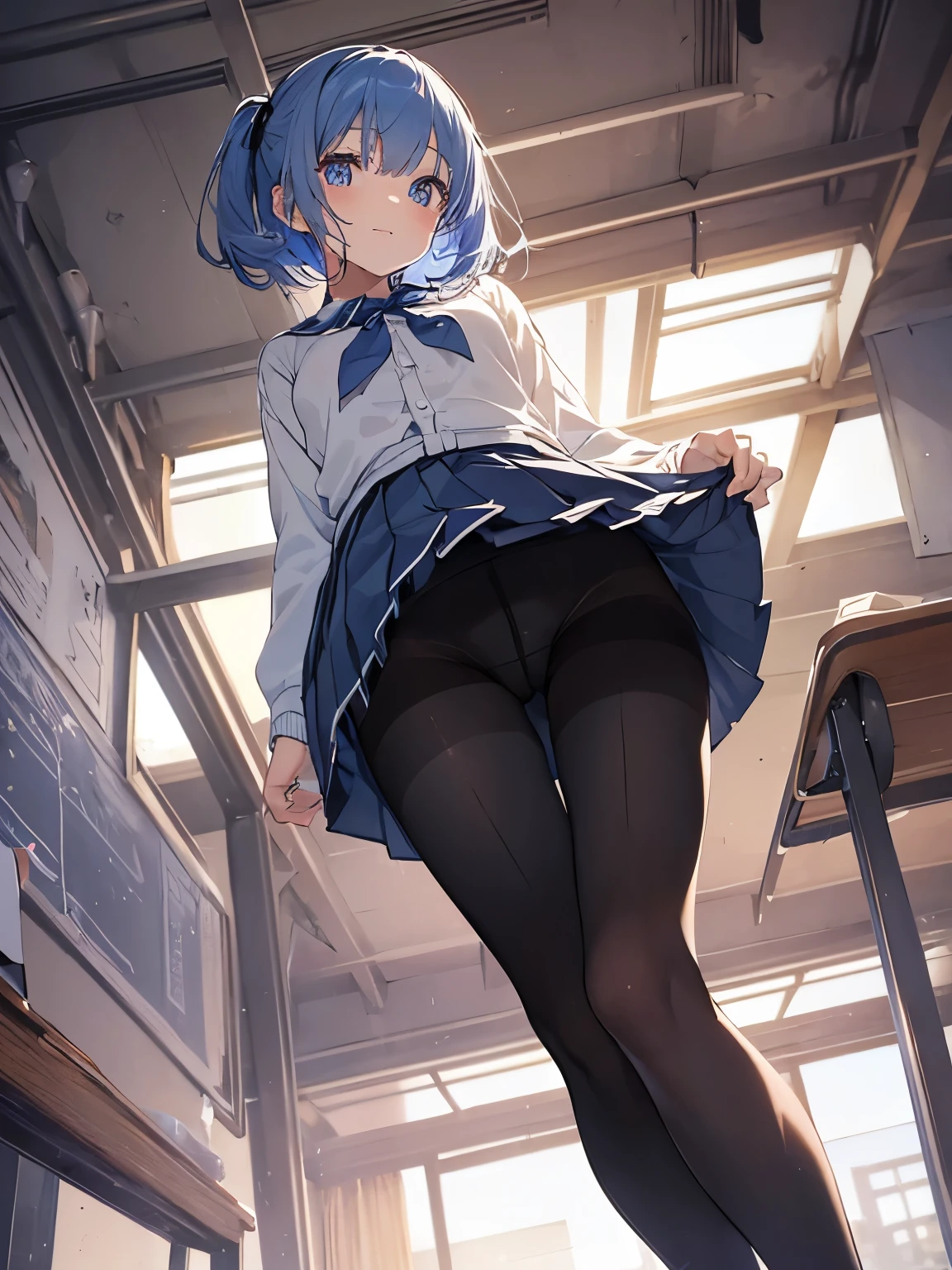 NSFW, High school girl standing in school classroom、masutepiece, Best Quality, hight resolution, ​masterpiece、BREAK ((From below:1.6))、((low angles:1.5))、((up skirt、skirt rift))、(Black pantyhose:1.5)、White panties under pantyhose、BREAK(1girl in),(beautiful eyes finely detailed、Face to detail、​masterpieceサイドライト、​masterpiece、top-quality、detaileds、hight resolutionのイラスト),Delicate Makeup, (cowboy  shot:1.2)、POV、soft focus ground bokeh、Smile, BREAK(Highest quality illustrations:1.2), (Kawaii Girl:1.1),(Highest quality illustrations:1.2), (Kawaii Girl:1.1), (1girl in:1.5, 独奏:1.5)、 (1girl in、18year old、One pose、cute little、Medium chest:1.5、超detailedsな目:1.2)、(beauty breast)、((blue hairs:1.5))、(shorth hair)、(((Short bob hair)))、thin-waist、small ass、、超hight resolution、detailedsなアーム:1.2),BREAK 高校の制服、(Dark blue blazer)、(white  shirt)、(Blue Ribbon)、((White pleated skirt:1.5))、非常にdetailedsです, Convoluted, masutepiece, absurderes、 ((Smooth texture:0.75, Realistic texture:0.5, Anime CG style))