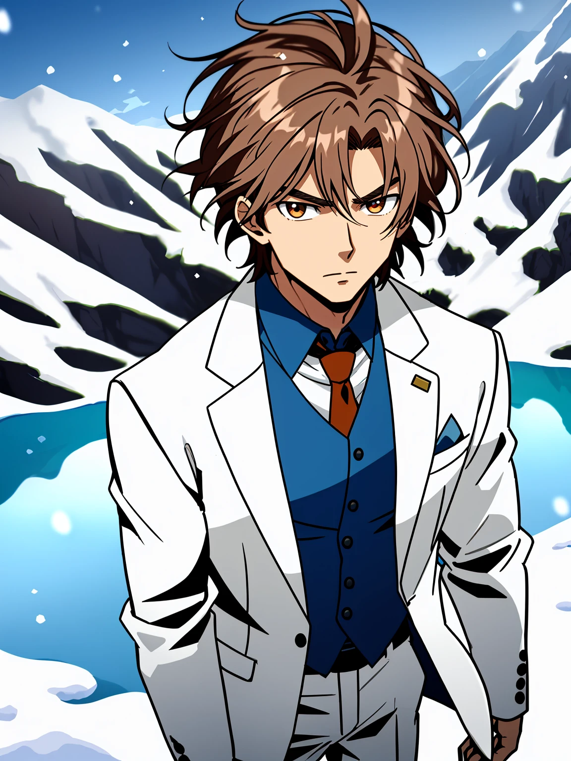 with short brown hair，with brown eye，Anime man wearing white suit，Wear a blue tie，snow mountainy lake