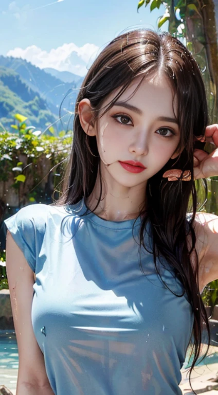 (Top Quality, 4k, Masterpiece: 1.3), Beautiful Woman, Woman 1 (Breasts, Attractive Body: 1.2), Abs: 1.1, Dark Brown Hair: 1.1, (Wet Body, Wet Body: 1.2), Ultra-Detailed Face, Detailed Lips, Detailed Eyes, Double Eyelids, Campsite, Sneakers, T-Shirt, Smile