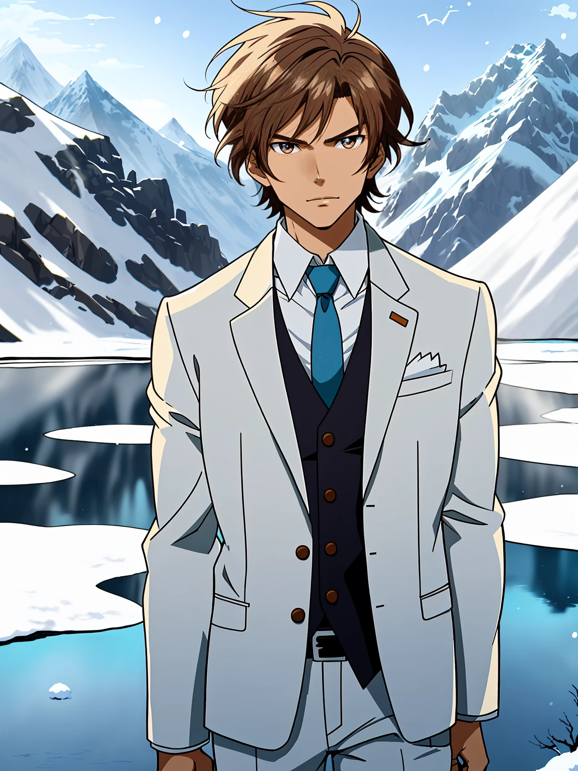 with short brown hair,with brown eye,Anime man wearing white suit,Wear a blue tie,snow mountainy lake