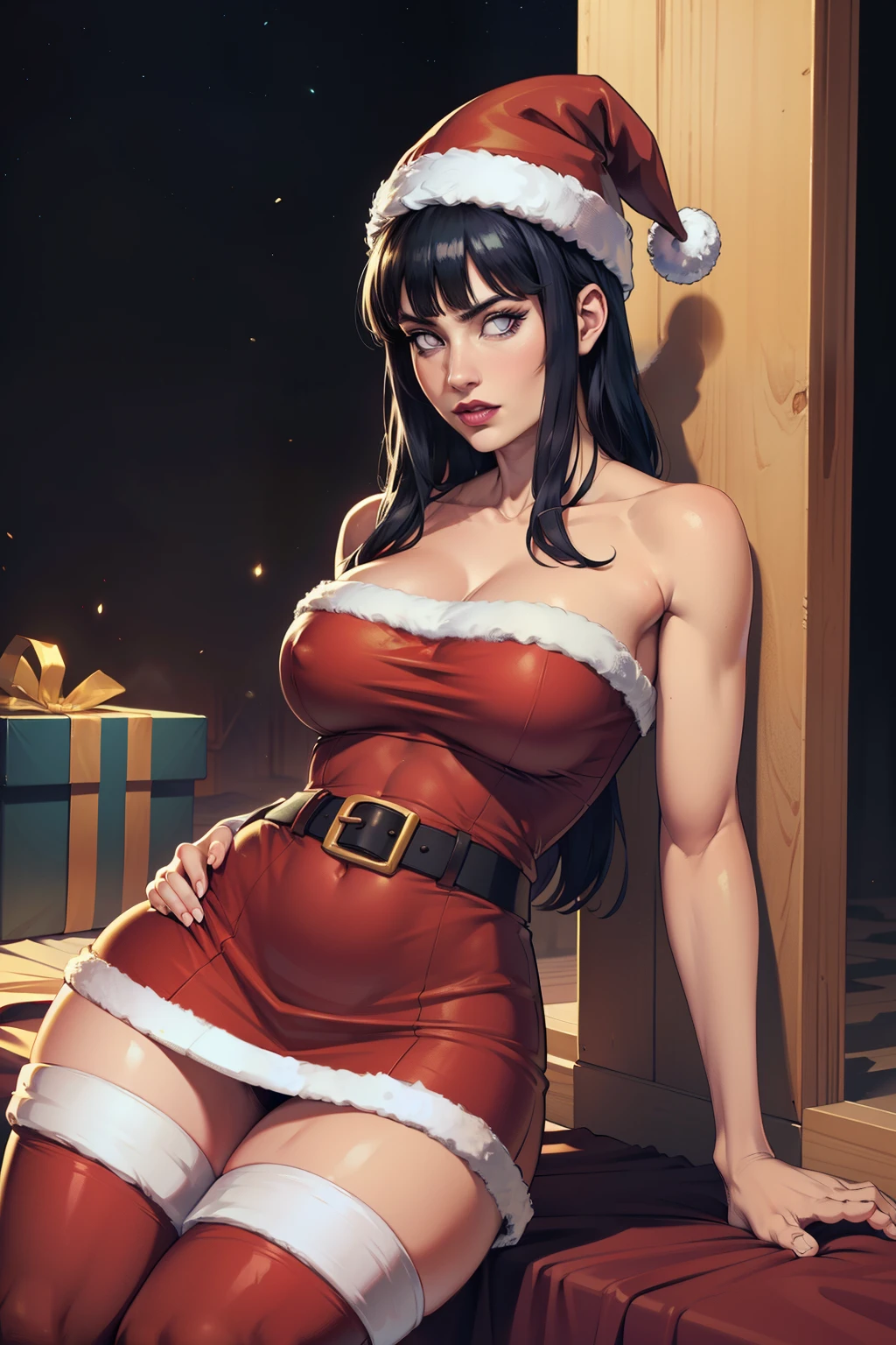 Hinata Hyuga, sozinho, cabelos longos, cabelo azul escuro, Luvas, bareshoulders, olhos verdes, elbow Luvas, lips, Natal, santa hat, red Luvas, Traje de Papai Noel, Realistic, in cozy Natal workshop, Skimpy, colorido, alto contraste, fundo intrincado, pele altamente detalhada, 8k, UHD,(SFW),Selos Postais Vintage