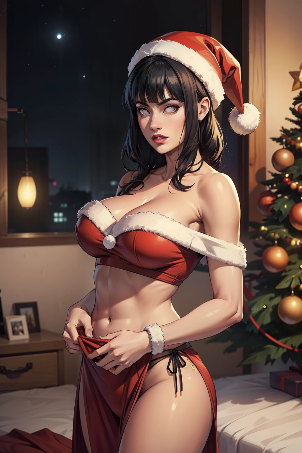 Hinata Hyuga, sozinho, cabelos longos, cabelo azul escuro, Luvas, bareshoulders, olhos verdes, elbow Luvas, lips, Natal, santa hat, red Luvas, Traje de Papai Noel, Realistic, in cozy Natal workshop, Skimpy, colorido, alto contraste, fundo intrincado, pele altamente detalhada, 8k, UHD,(SFW),Selos Postais Vintage