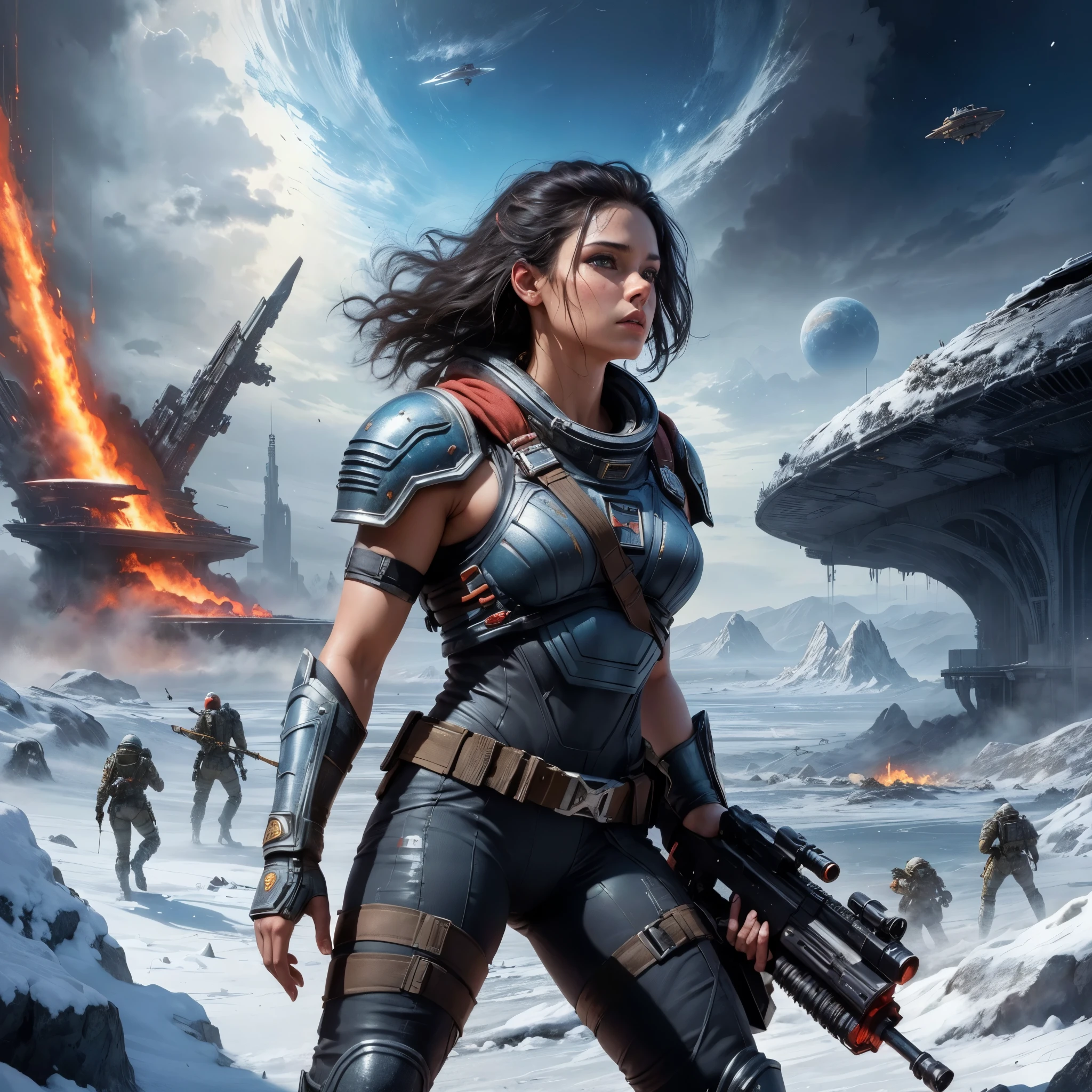 fishing, looking to left in fear space gal after the battle, cocky, finger on trigger of gun, ready to move, dirty grimy, overhead glow lighting, side light, 24k resolution tight barbarian woman in space clothes, camouflage, hyperdetailed, abandoned structure background setting on battlefield alien planet, Soleil rouge leonardo.ai who do you think you are inner-self your ego 34k resolution highly detailed, hyperrealism, oils painterly art style sexier, yes, on a trip to alien worlds, shocked expression, eyes wide, science fiction, blood and black, snow, ice, detailed ice, science fiction, more detail XL