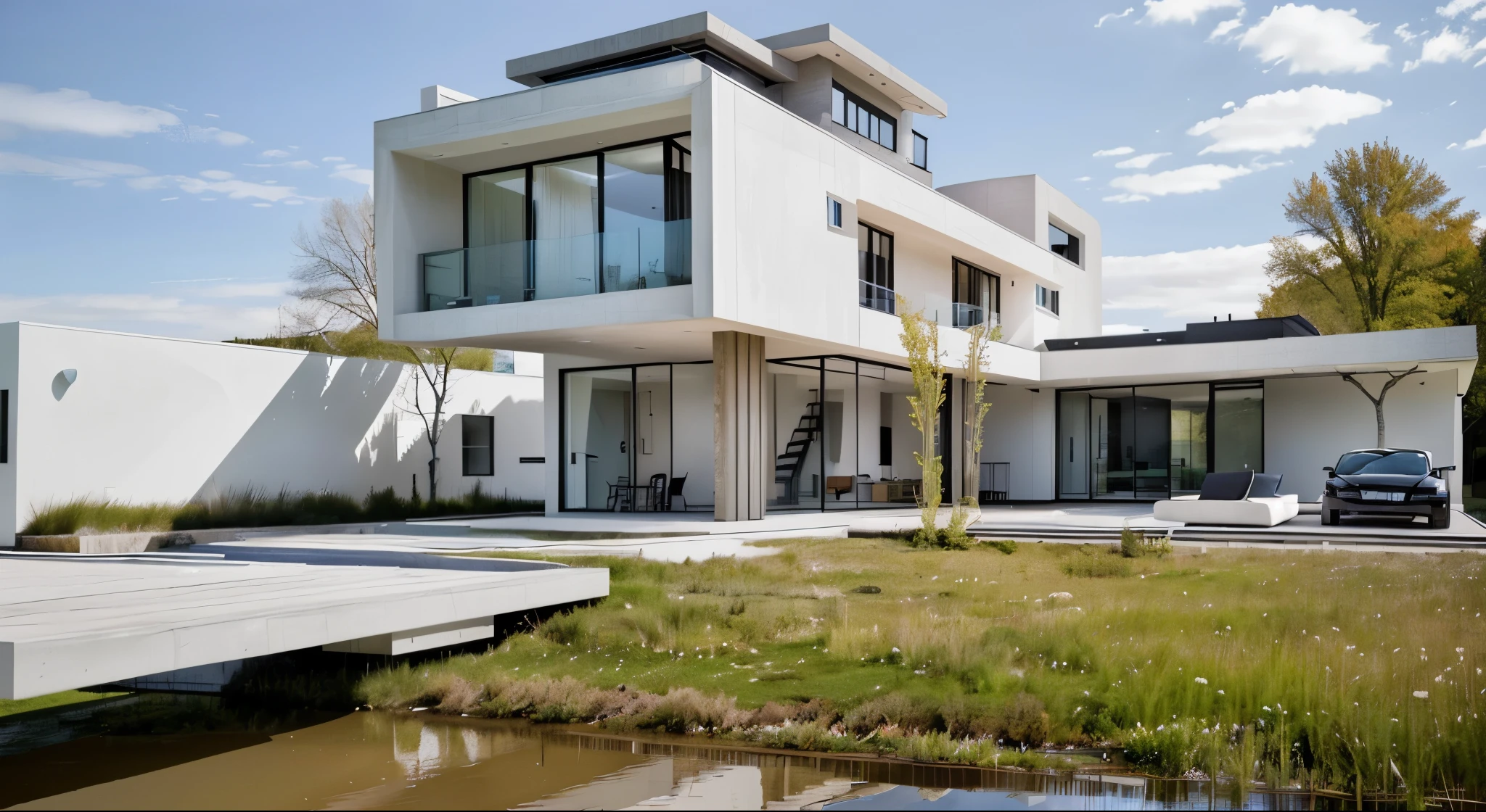 (Stunning residence) architecture, modern house design, minimalist style , the house near the river side, seamless integration with nature, floor-to-ceiling windows, open concept living spaces, minimalist aesthetics, natural lighting, sleek finishes, panoramic landscape, real human model