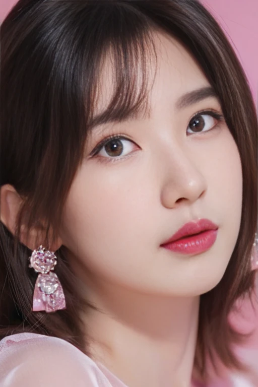 Beauty paints lips with pink lipstick. Beautiful woman face, Fine details, High quality, High quality. Clear and authentic colors, cute earrings, korean makeup