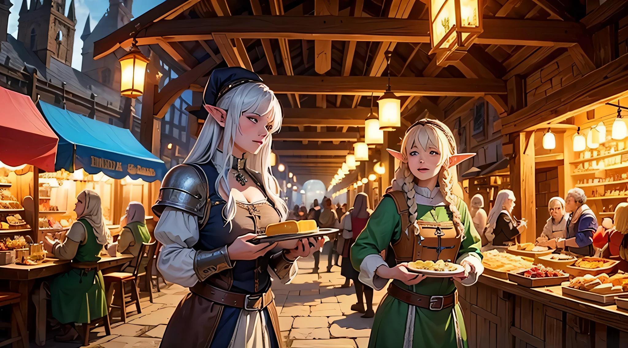 A large medieval fantasy tavern that specializes in lots of different cheeses. In a colorful medieval market, populated by humans, elves, dwarves, and orcs. Like a scene from Howl's Moving Castle. Highly detailed. Friendly.