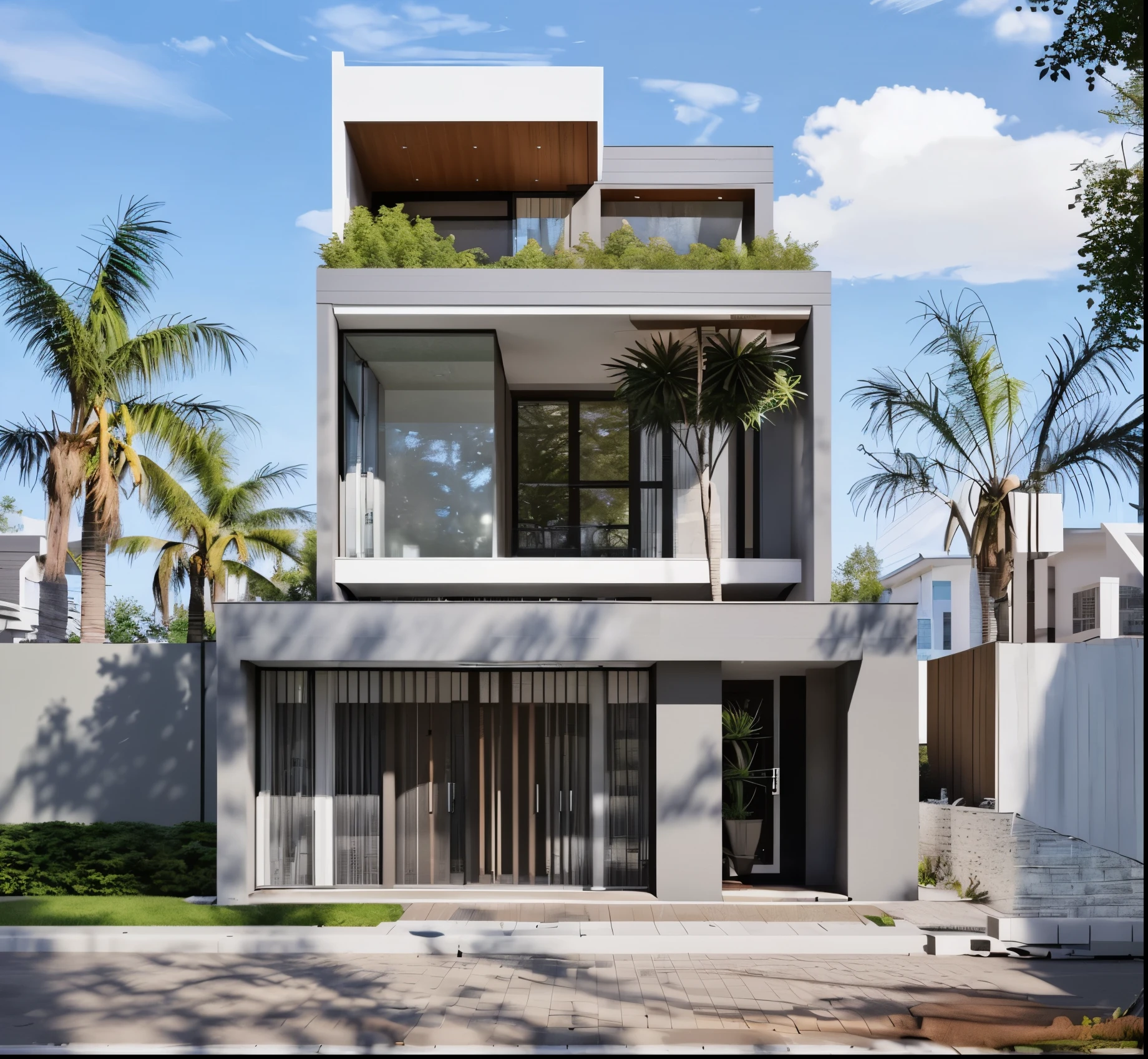 (Stunning residence) architecture, modern house design, brick title decor on the front face, seamless integration with nature, floor-to-ceiling windows, open concept living spaces, minimalist aesthetics, natural lighting, sleek finishes, panoramic landscape, sidewalk and street in front of the house, real human model