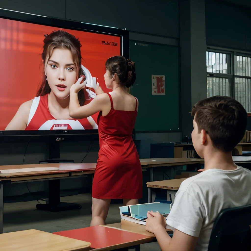 A cartoon younger boy red dress with white paint, teaching students, one and holder a stak front of big LCD, where is play about METAFORCE plotfurm system, a big METAFORCE sign on the LCD.