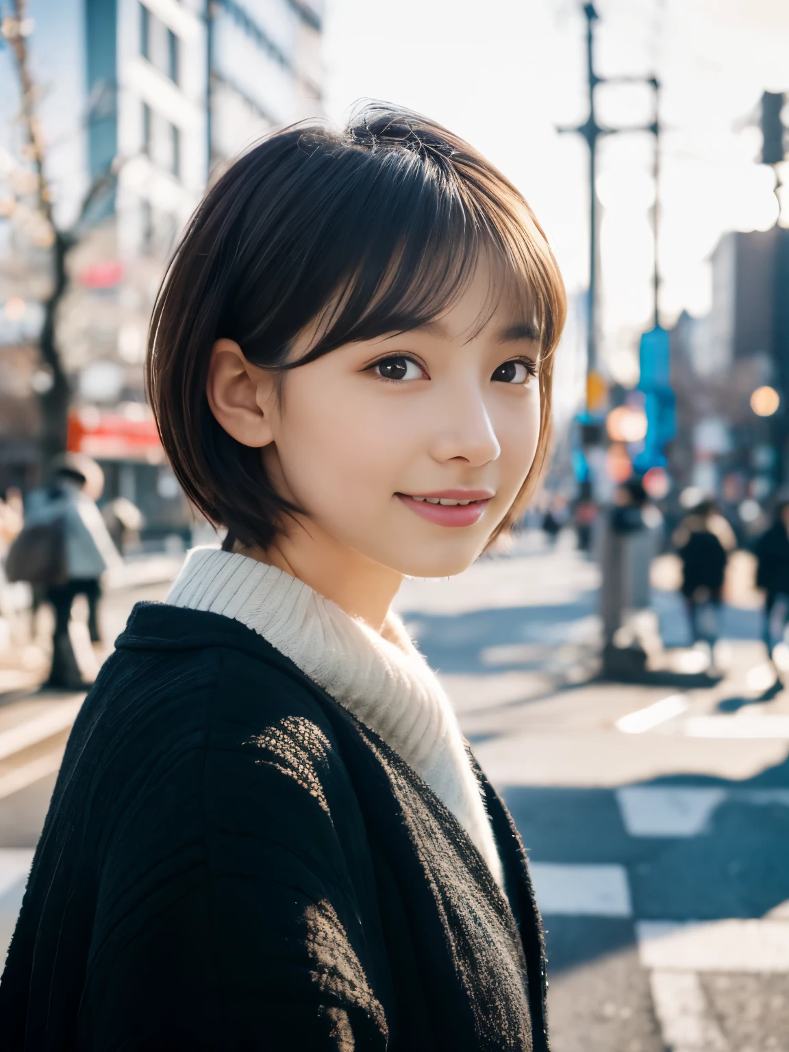 Photorealsitic, 8K, Full body portrait, Beautuful Women, A charming expression, Shorthair, sixteen years old, TOKYOcty, Winters, Shibuya in the background