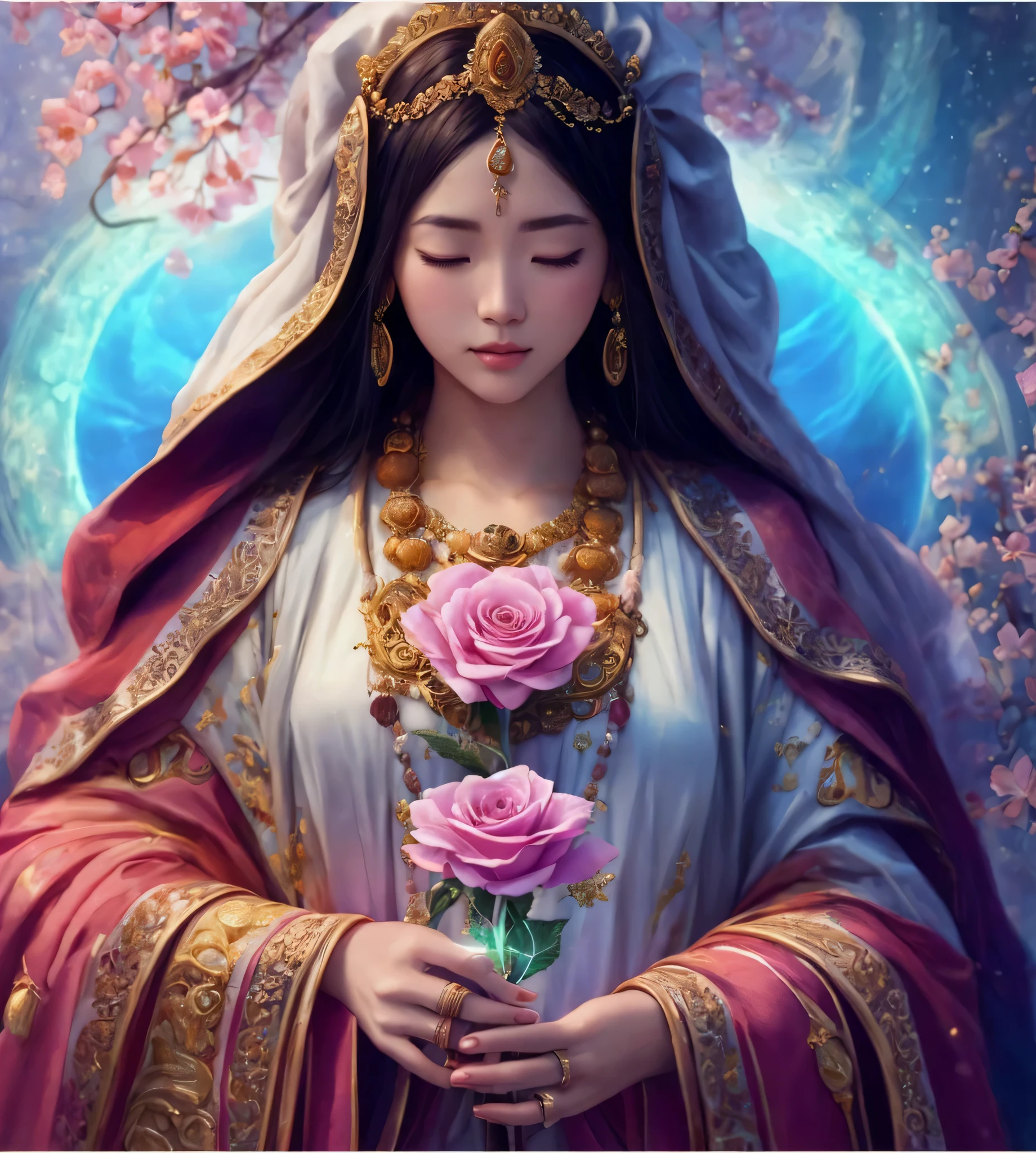 (RAW Photo, Best Quality), (Realistic: 1.3), Highly Detailed, Masterpiece, Hyperdetail, Illustration, 1 Girl, 23 years old chinese woman figure, full_body, HDR (High Dynamic Range), Ray Tracing, NVIDIA RTX, Super-Resolution, Unreal 5, Subsurface Scattering, PBR Textures, Post-processing, Anisotropic Filtering, Depth of Field, Maximum Sharpness and Clarity, Multi-layer Textures, Albedo and Highlight Maps, Surface Shading, Precise simulation of light-material interactions, perfect proportions, Octane Render, -color light, large aperture, low ISO, white balance, rule of thirds, 8K RAW, finger detailing, refined facial features, focus on the face, ((no extra limbs)), Dynamic Angle, World Mastery Theater, Best Quality, Extremely Detailed CG Unified 8k Wallpaper, Breathtaking, Cinematic Light, lenlare, beautiful Eyes, symmetrical eyes, a woman in a purple robe holding a rose in her hands, sacred feminine, majestic saint woman, goddess of love and peace, flower goddess, virgin mary, priestess, beautiful goddess, high priestess, a stunning portrait of a goddess, the divine feminine, divine cosmic female power, queen of heaven, beautiful depiction, rosen maiden, elfic priestess, ((closed eyes))