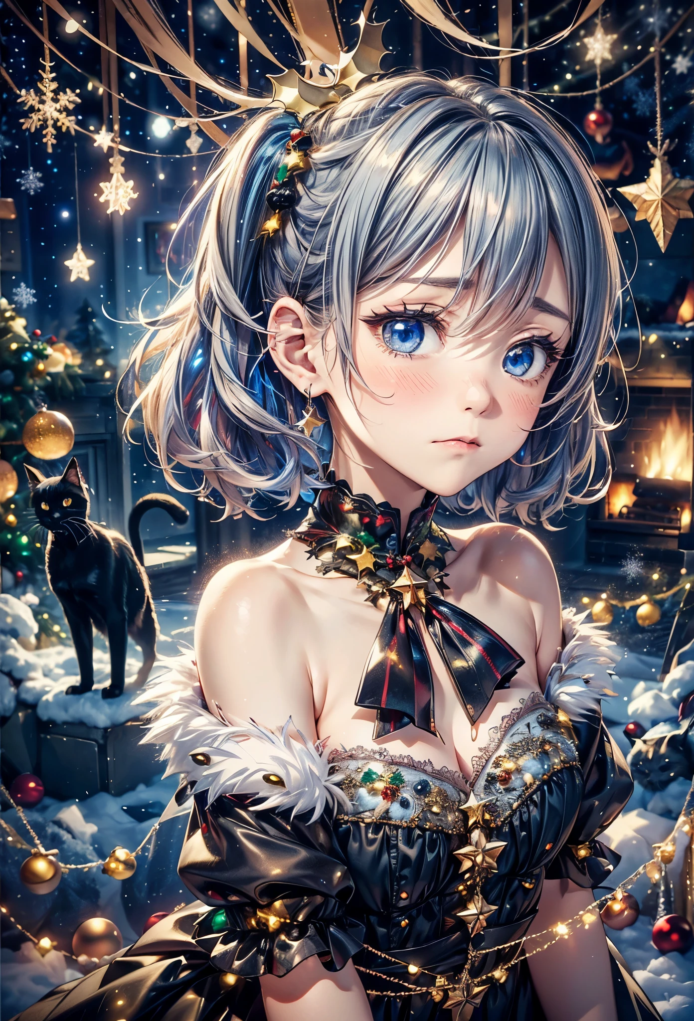 absurderes, ultra-detailliert,bright colour, Short hair,Blonde hair with fluffy short twintails:1.2)Shiny hair,(gothic lorita:1.3),(Embarrassed and embarrassed face:1.3),(Christmas tree:1.3),(Christmas Decorations:1.3),(attached an LED light to the wall),(many black cats:1.3),Delicate beautiful face, red blush、(Deep Blue Eyes:1.5), White skin, hair clips, earrings, a necklace,You can also see the starry sky and the aurora borealis..,(Celebrate Christmas in a room with a fireplace:1.2),