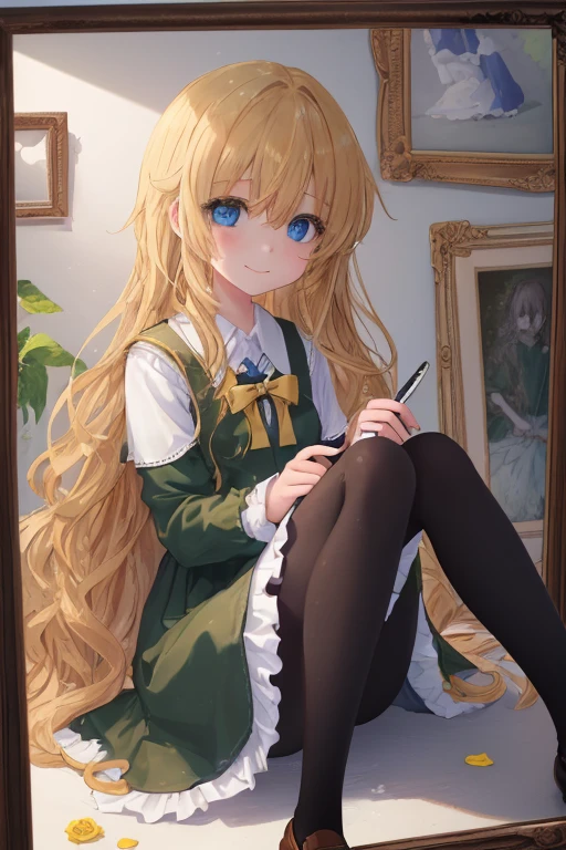 (girl around 9 :1.5)，(Big blue eyes:1.3)，(Eyes without light:1.5)，(a blond，Wavy long hair:1.4)，(Blue ribbon:1.3)，(Green dress that goes below the knees:1.4)，(Black tights:1.3)，(Brown loafers:1.3)，(lots of picture frames:1.3)，(dark ilumination:1.5)，(have a small palette knife:1.5)，art gallery，(many yellow roses:1.3)，(Invincible smile:1.4)，(Bangs are parted to the left:1.5)