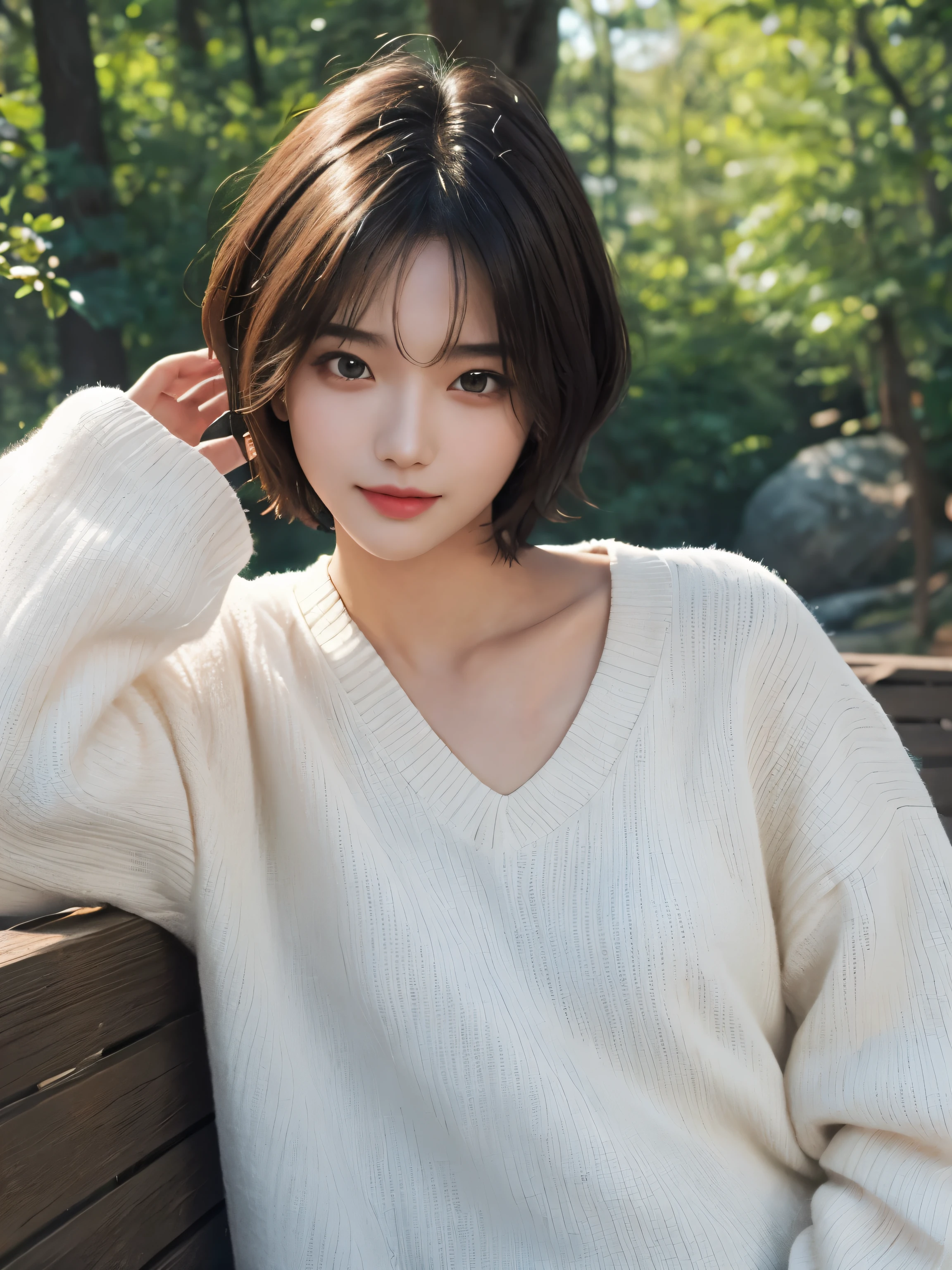 ​masterpiece、The highest image quality、hightquality、Beautuful Women、japanes、Popular Korean Makeup、detaileds、detailedsな目、detailedsな皮膚、Beautiful skins、超hight resolution、(现实:1.4)、very extremely beautiful、Slightly younger face、Beautiful skins、(hight resolution)、(8K)、(非常にdetaileds)(The best illustrations with beautiful details)、(超detaileds)、(detaileds顔)、ビューアのdetailedsを見る、 detailedsな顔、pureerosfaceace_v1、A smile、Looking straight ahead、photos realistic、Colorful hair color、(((very_Short_hair)))、((Background with、the woods)),nice white v neck sweater