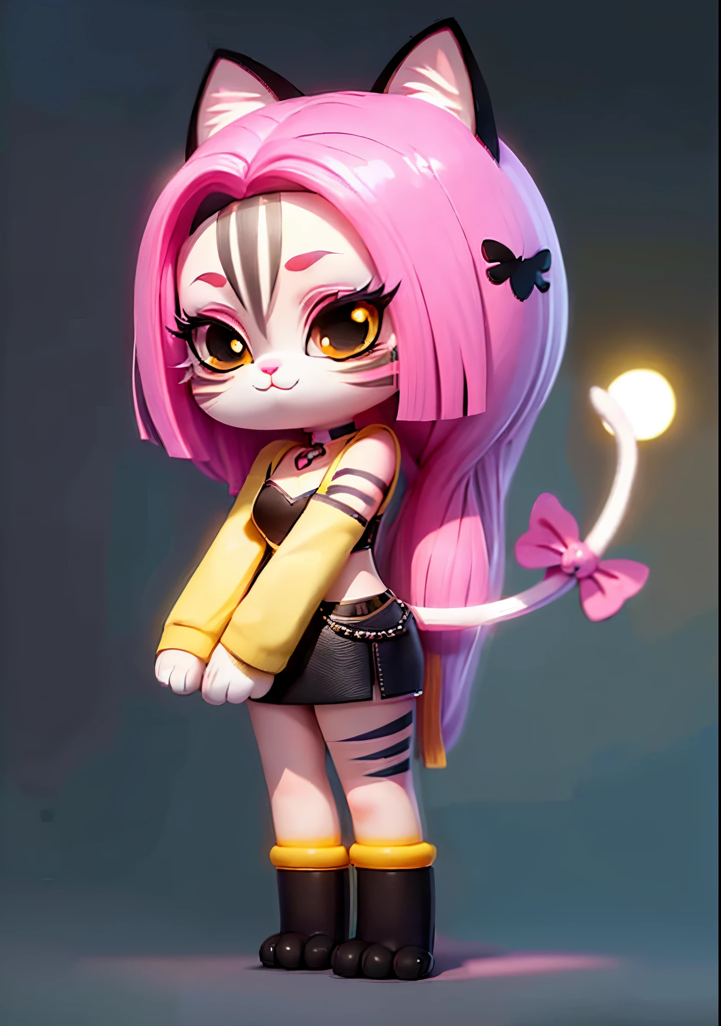 (1 girl, full body, dark background)),((masterpiece:1,2, cat-like mouth, black eyes, pink hair,yellow pupil)), Anime character, tattoo, female furry mini cute style, cute, chibi,very pretty cute cat girl, studio lighting, perfect lighting, cat digital, beautiful toy tail popular