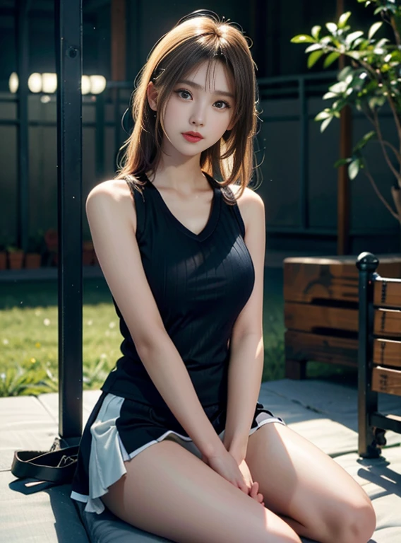 Fascinating 30-year-old woman sitting on a bench on a Tennis Court, (Dressed in tennis clothes), Holding a tennis racket, Green eyes, a blond, slim, Small breasts, Background with:Tennis Court, ((Photorealistic:1.5 )), (photorealisitic度:1.5 ), (8K, 生a photo of a, Highest Quality, masutepiece), 高品質のRAWカラー写真プロa photo of a, realisitic, (Highest Quality), (Best Shadows), 超A high resolution, a photo of a, masutepiece, realisitic, realisitic度, High contrast, 8K HD high-definition detail real, Detailed, hyperDetailed, Best Quality, F Lens, Rich colors, with dramatic lighting, (cinestill 800), Poses variadas