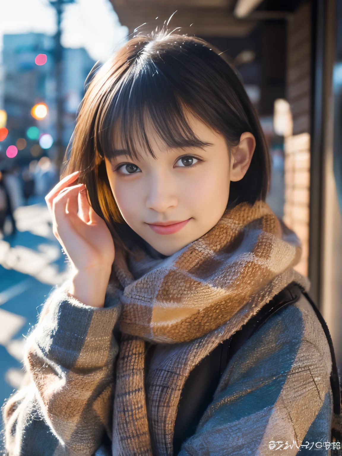 Photorealsitic, 8K, Full body portrait, Beautuful Women, A charming expression, Shorthair, , TOKYOcty, Winters, Shibuya in the background