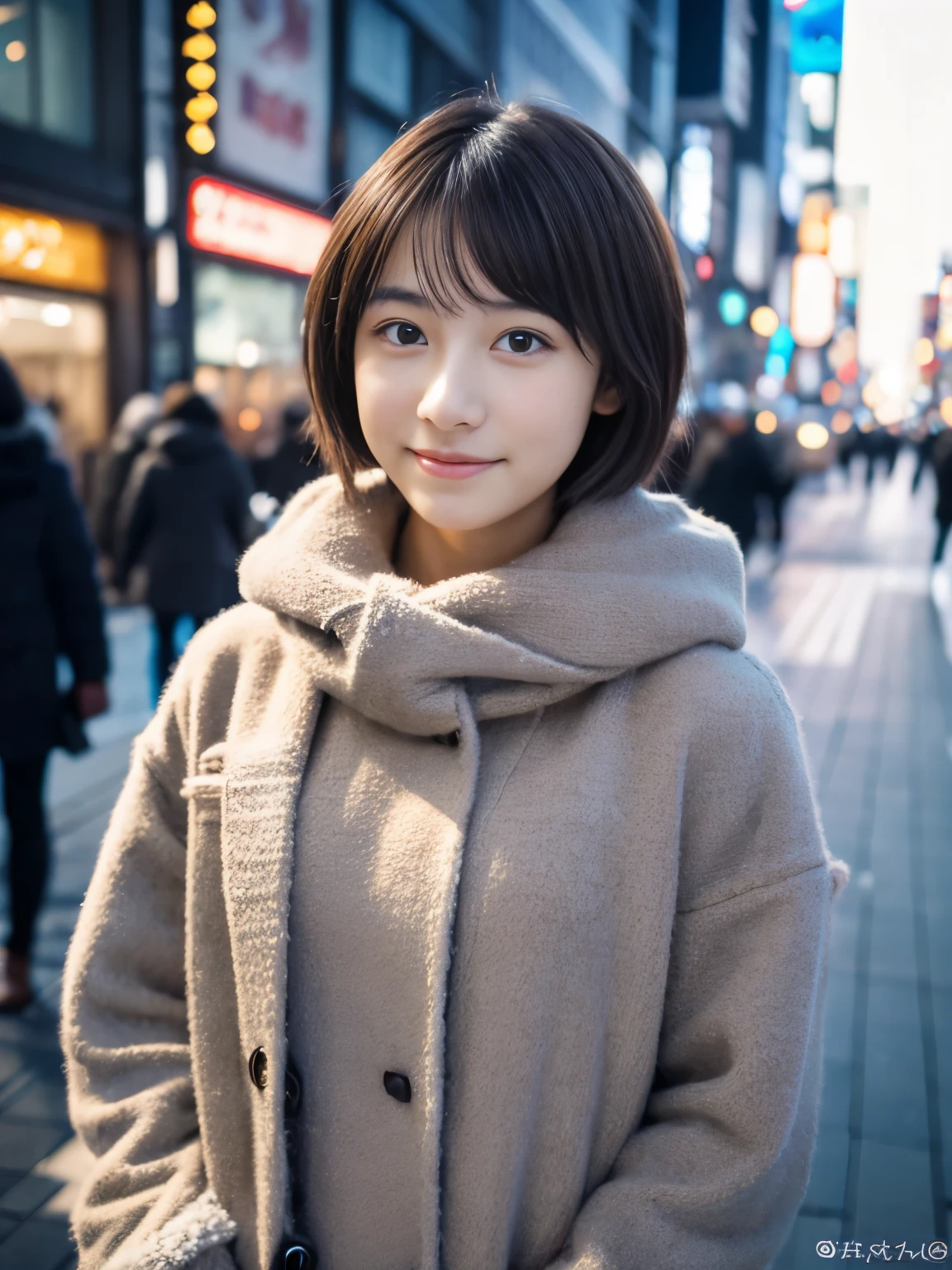 Photorealsitic, 8K, Full body portrait, Beautuful Women, A charming expression, Shorthair, , TOKYOcty, Winters, Shibuya in the background