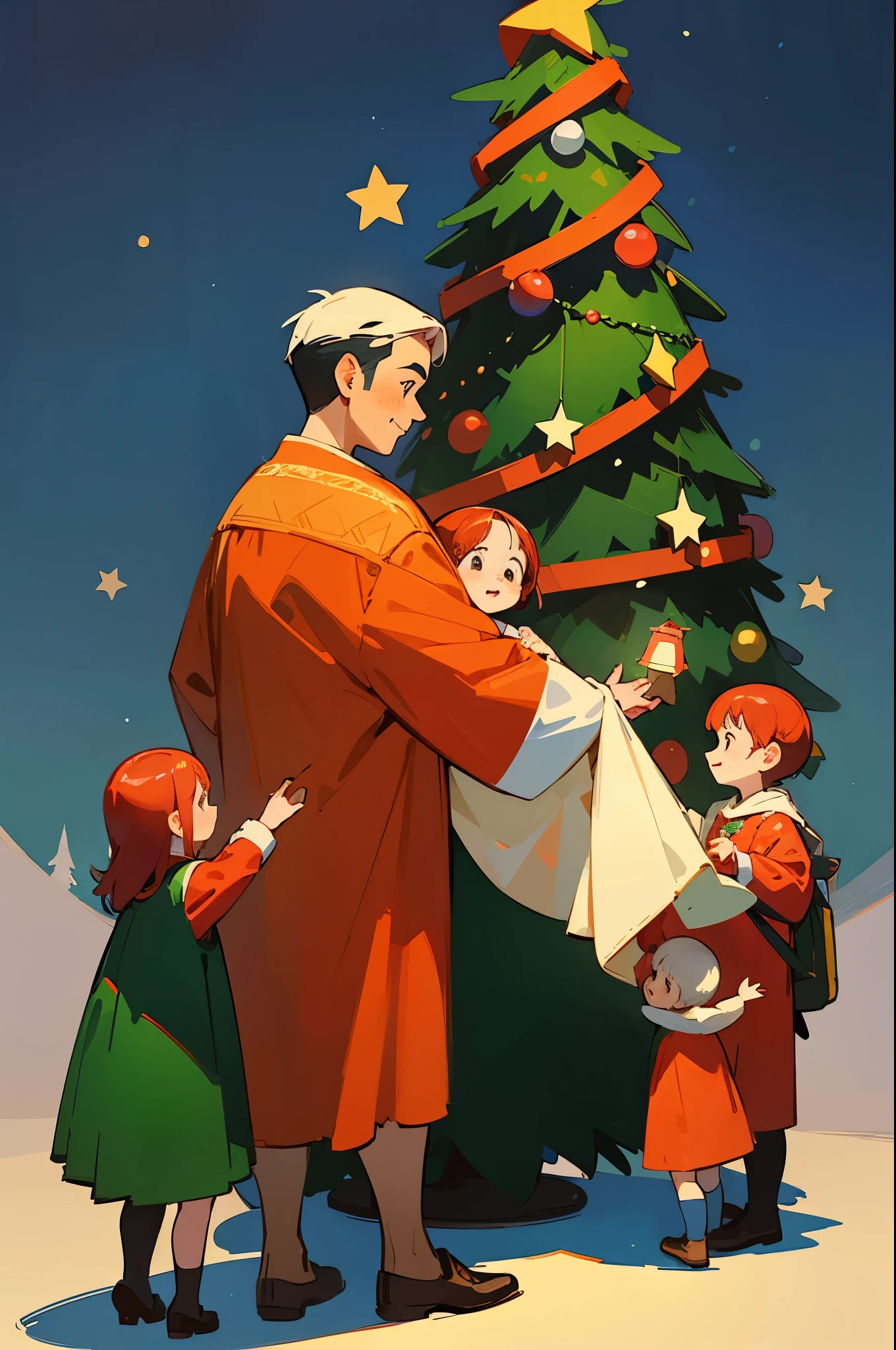 Illustration of family celebrating Christmas with Christmas tree, Children's book illustration, Children's book illustration, lovely digital painting, KIDS ILLUSTRATION, Children's book illustration, Children's book illustration