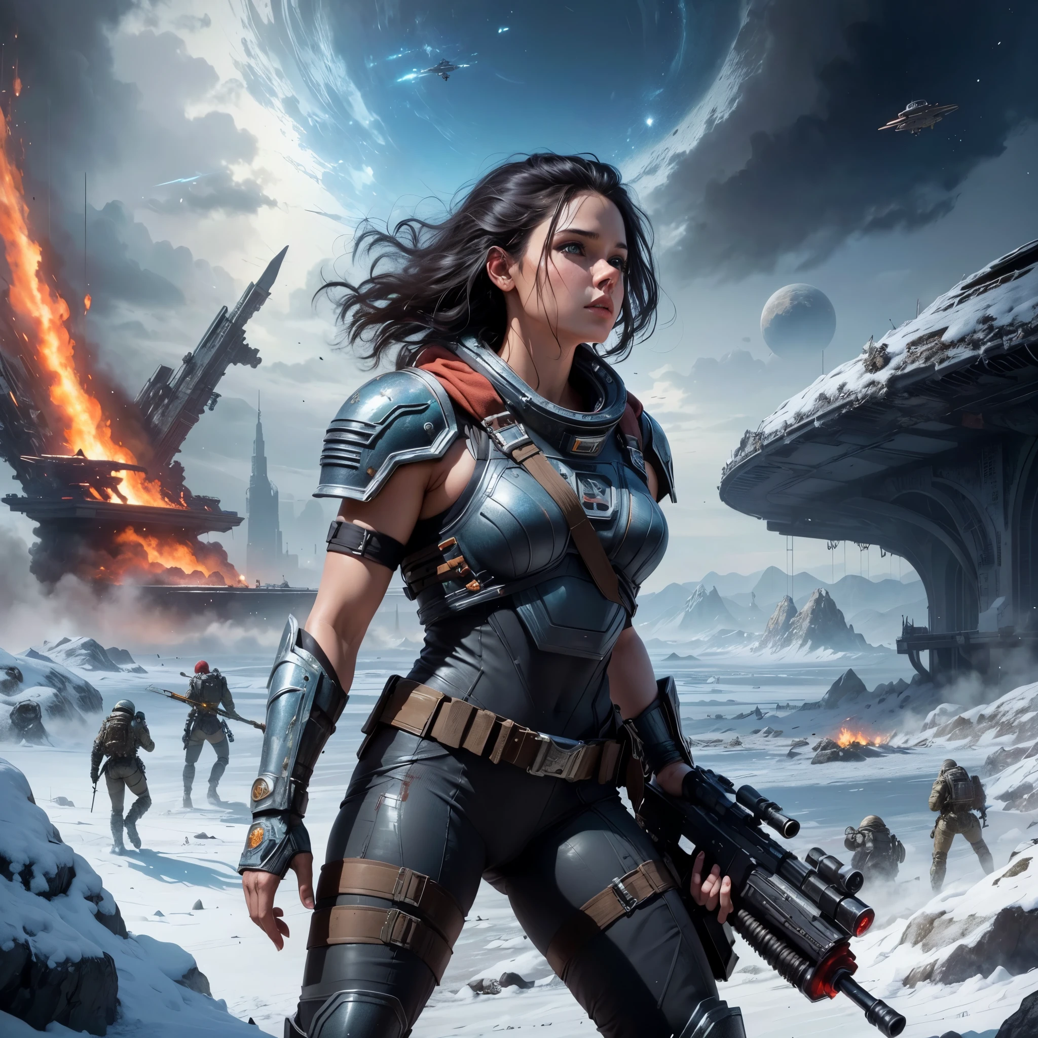 finishing, looking to left in fear space gal after the battle, cocky, finger on trigger of gun, ready to move, dirty grimy, overhead glow lighting, side light, 24k resolution tight barbarian woman in space clothes, camouflage, hyperdetailed, abandoned structure background setting on battlefield alien planet, Soleil rouge leonardo.ai who do you think you are inner-self your ego 34k resolution highly detailed, hyperrealism, oils painterly art style sexier, yes, on a trip to alien worlds, shocked expression, eyes wide, science fiction, blood and black, snow, , detailed , science fiction, more detail XL