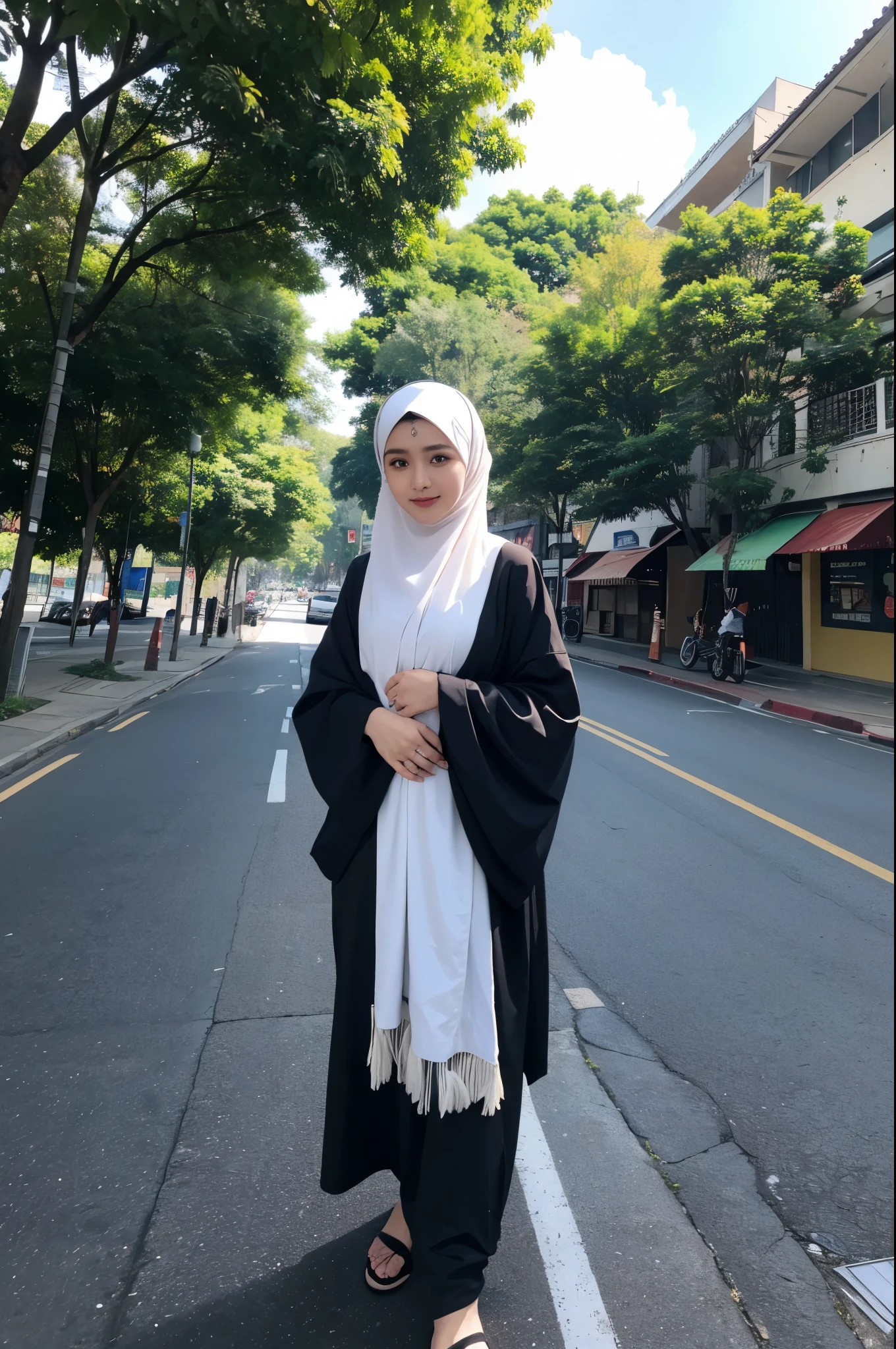 Seorang pria indonesia yang ganteng sedang bergandengan tangan dengan gadis asia berhijab,suasana di sebuah trotoar di jalan yang indah.Photograp,profesional photo,full detail,tajam,Rumit,smoth,4k full ultra hd