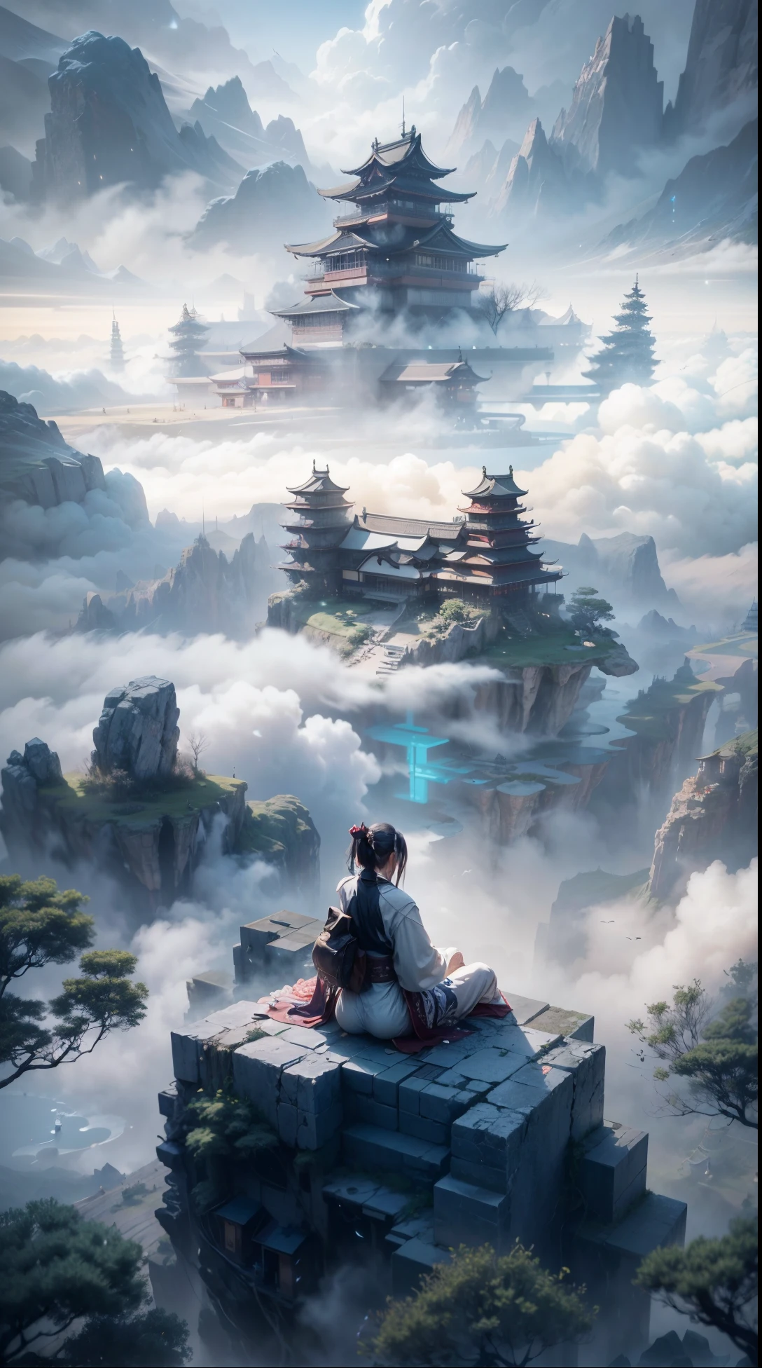 arafed image of a women in traditional japaneese clothing sitting on a platform in the middle of a mountain, floating lands in-clouds, floating city on clouds, ross tran. scenic background, chinese fantasy, zen méditation cyberpunk, by Yang J, dreamy chinese town, exquisite matte painting, by Qu Leilei, beautiful digital artwork, cyberpunk chinese ancient castle, matte painting of human mind