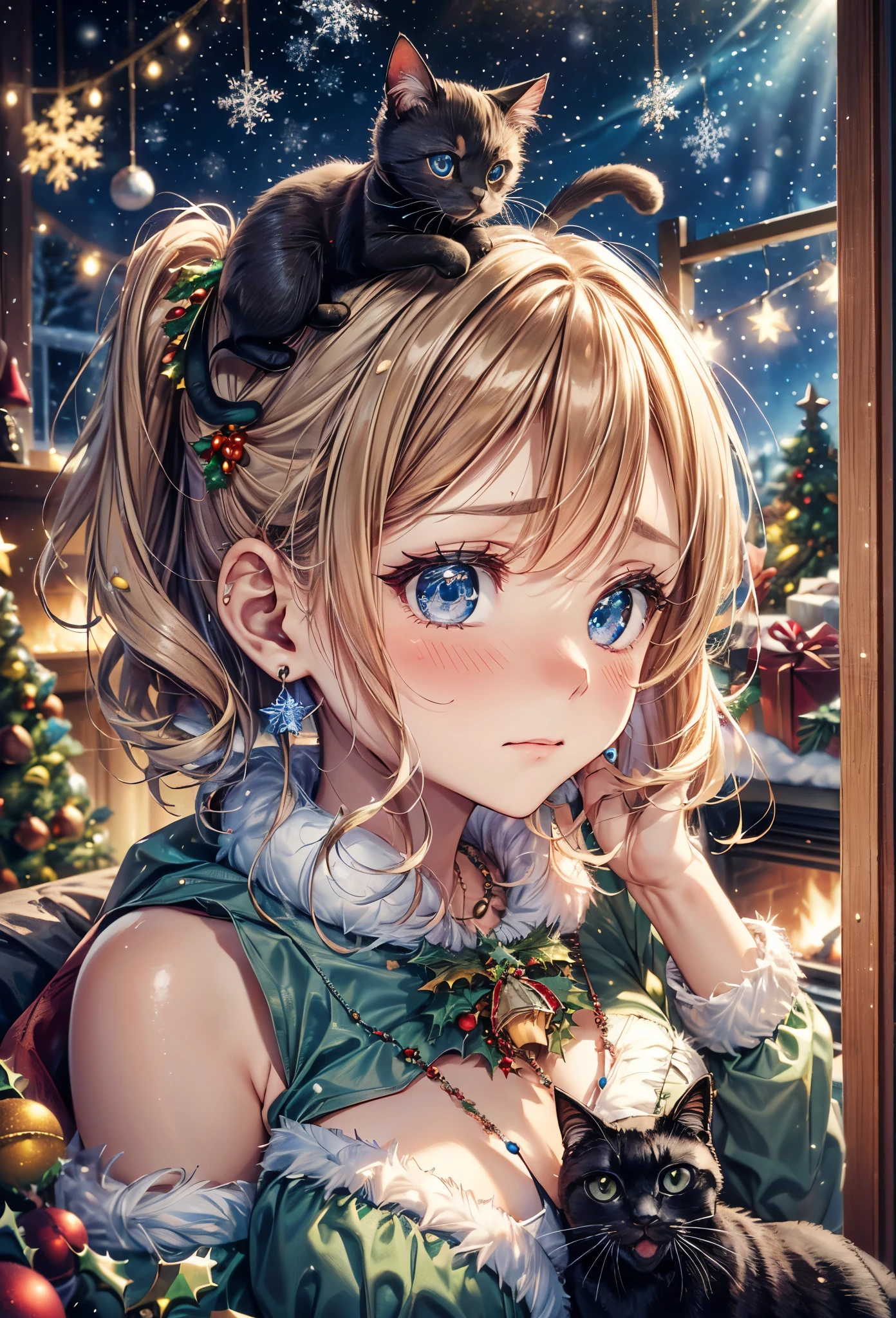 absurderes, ultra-detailliert,bright colour, Short hair,Blonde hair with fluffy short twintails:1.2)Shiny hair,(gothic lorita:1.3),(Embarrassed and embarrassed face:1.3),(Christmas tree:1.3),(Christmas Decorations:1.3),(attached an LED light to the wall),(many black cats:1.3),Delicate beautiful face, red blush、(Deep Blue Eyes:1.5), White skin, hair clips, earrings, a necklace,You can also see the starry sky and the aurora borealis..,(Celebrate Christmas in a room with a fireplace:1.2),