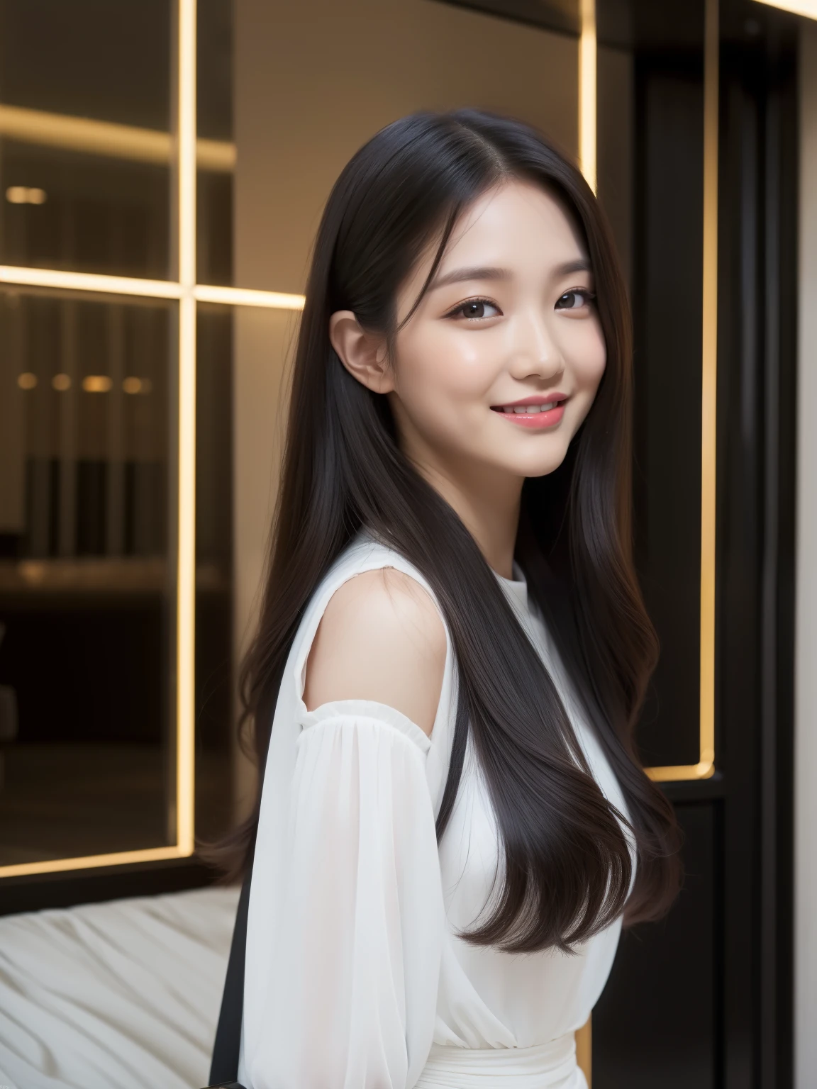 ((Top quality, 8K, Masterpiece: 1.3)), Beautiful girl, Pure, Melon face, Kind and cute, Sweet smile, Pure desire, Slender body, (Front), (Tilted head), ((Looking at camera) ), wearing a casual suit, long black silky hair, long flowing shoulders, round black big eyes, clear big eyes, moist red lips, sweet, standing, hotel front background, (((whole body))),