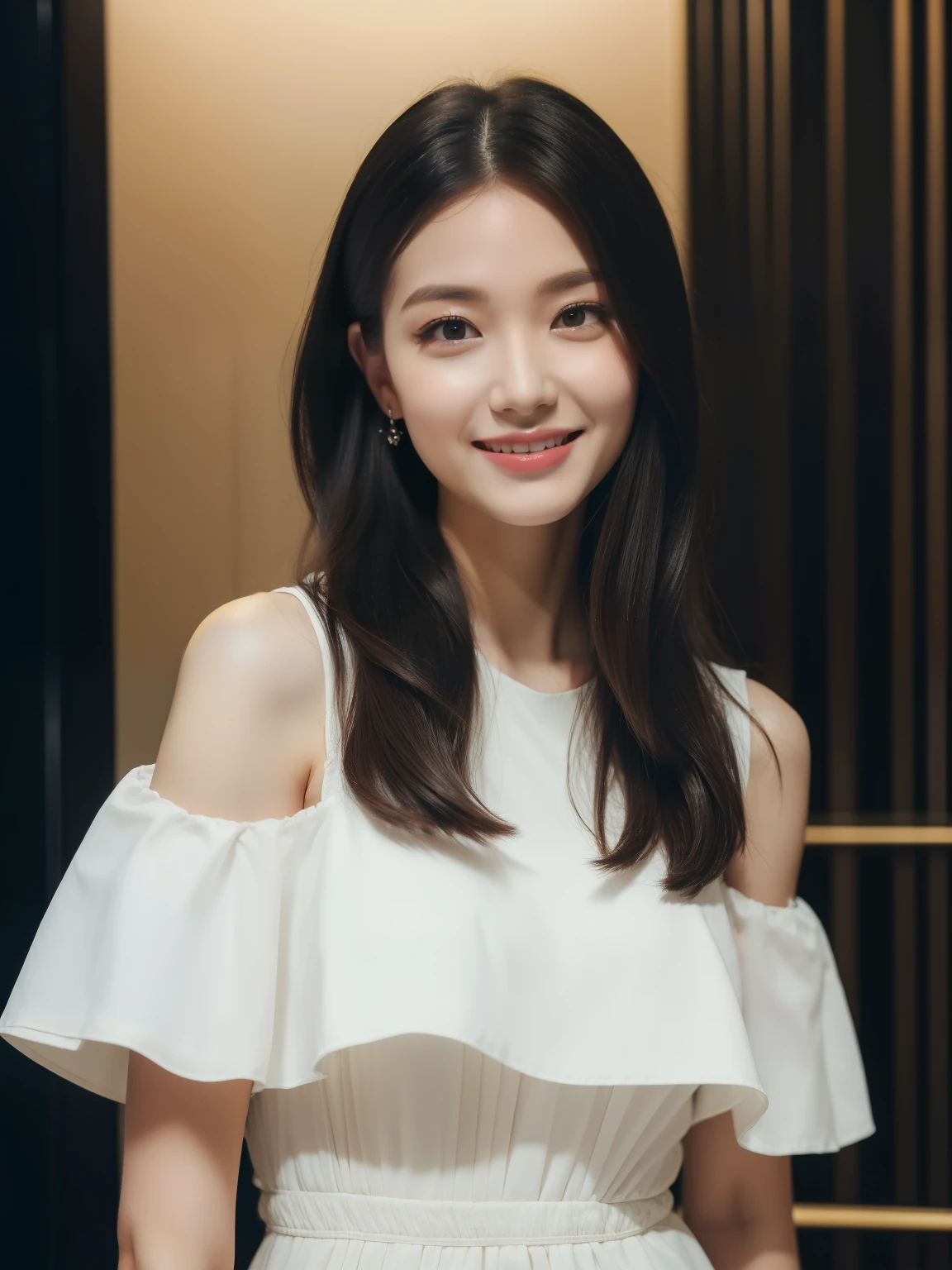 ((Top quality, 8K, Masterpiece: 1.3)), Beautiful girl, Pure, Melon face, Kind and cute, Sweet smile, Pure desire, Slender body, (Front), (Tilted head), ((Looking at camera) ), Wearing a casual dress, long black hair, long flowing shoulders, round black big eyes, clear big eyes, moist red lips, sweet, standing, hotel front background, (((full body))),