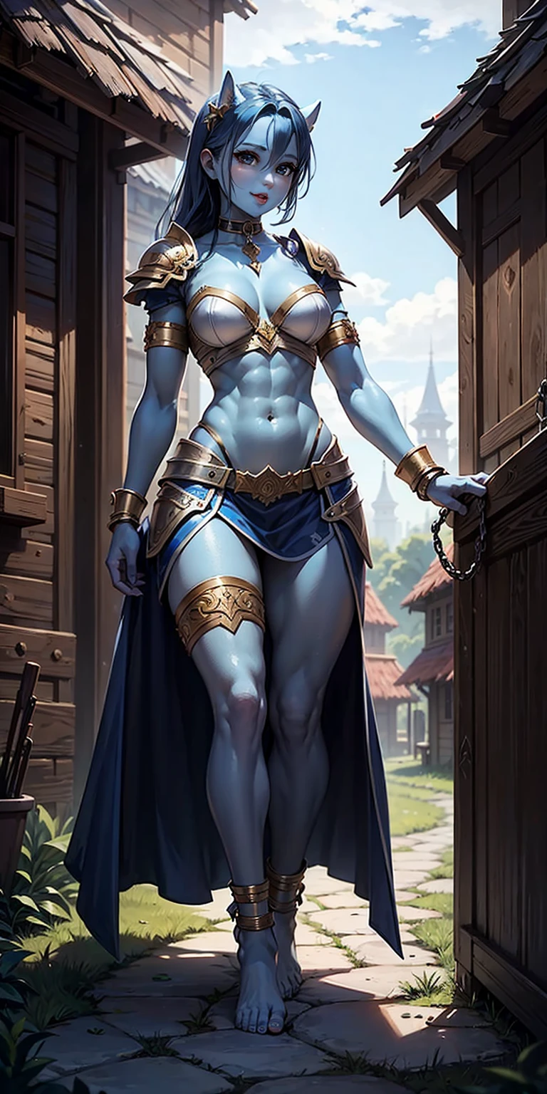 full body, female slave barefoot, Solo, female, (blue skin), fantasy village, muscular, armor, slave outfit, armor, slave, bracers, shackles, choker