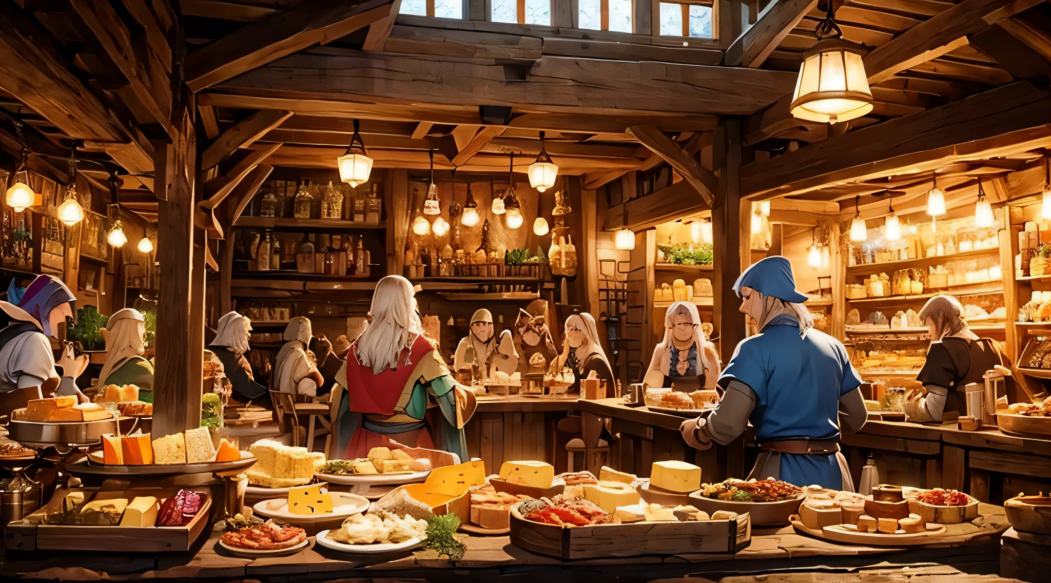 A large medieval fantasy tavern that specializes in lots of different cheeses. In a colorful medieval market, populated by humans, elves, dwarves, and orcs. Like a scene from Howl's Moving Castle. Highly detailed. Friendly.