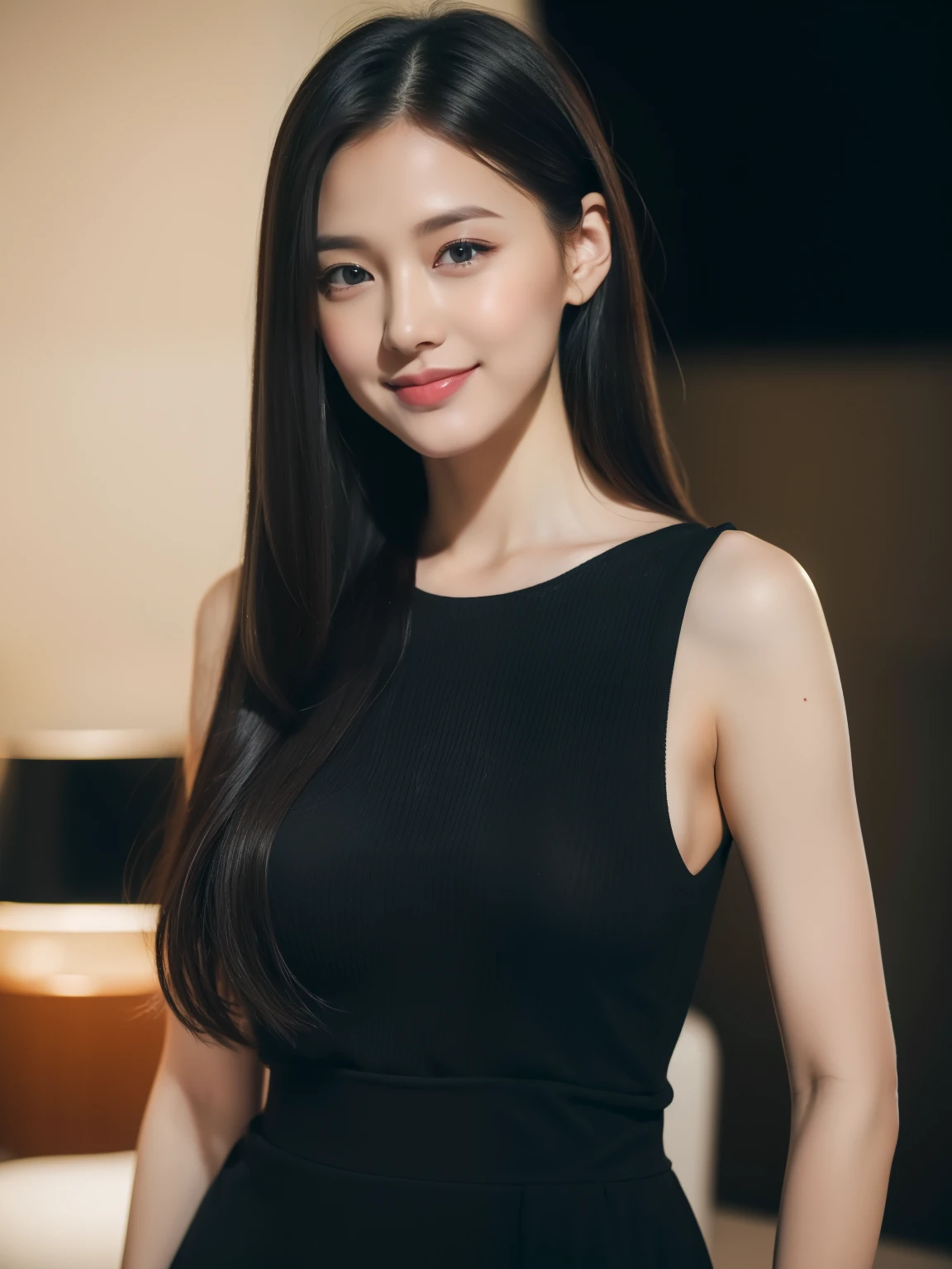 ((Top quality, 8K, Masterpiece: 1.3)), Beautiful girl, Pure, Melon face, Kind and cute, Sweet smile, Pure desire, Slender body, (Front), (Tilted head), ((Looking at camera) ), Wearing a casual dress, long black hair, long flowing shoulders, round black big eyes, clear big eyes, moist red lips, sweet, standing, hotel front background, (((full body))),