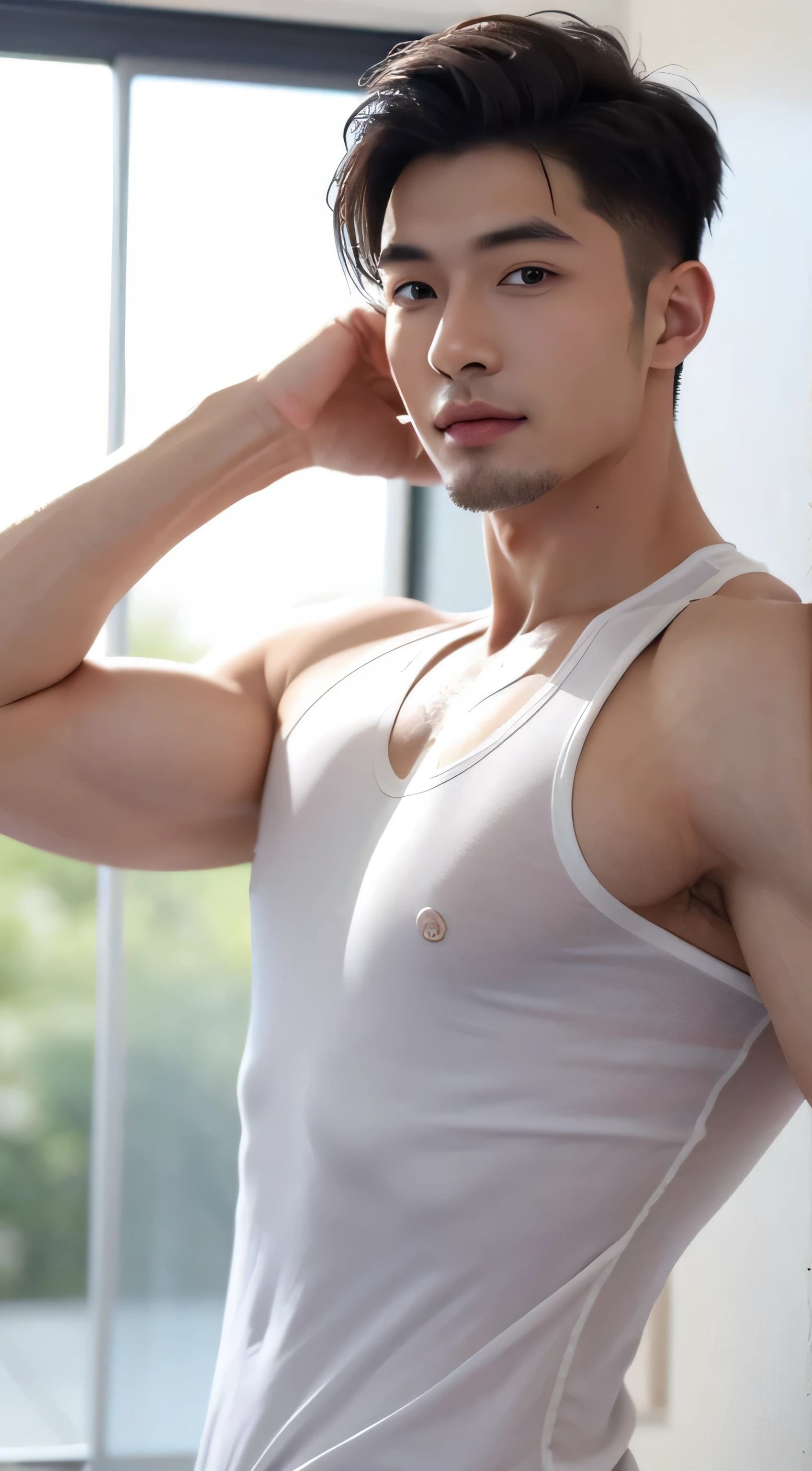 tmasterpiece, Best quality, 1 boy, Asian male, East Asians, One guy, （Muscles are well proportioned：1.osture, Short hair details，The face is very delicate，Smilingly, white teeth, （Wearing an open-collared white shirt），The chest muscles are clearly visible, bedroom background, Realisticstyle，photography of，seen from the front, view the viewer，Use your right hand to point the shower head towards you