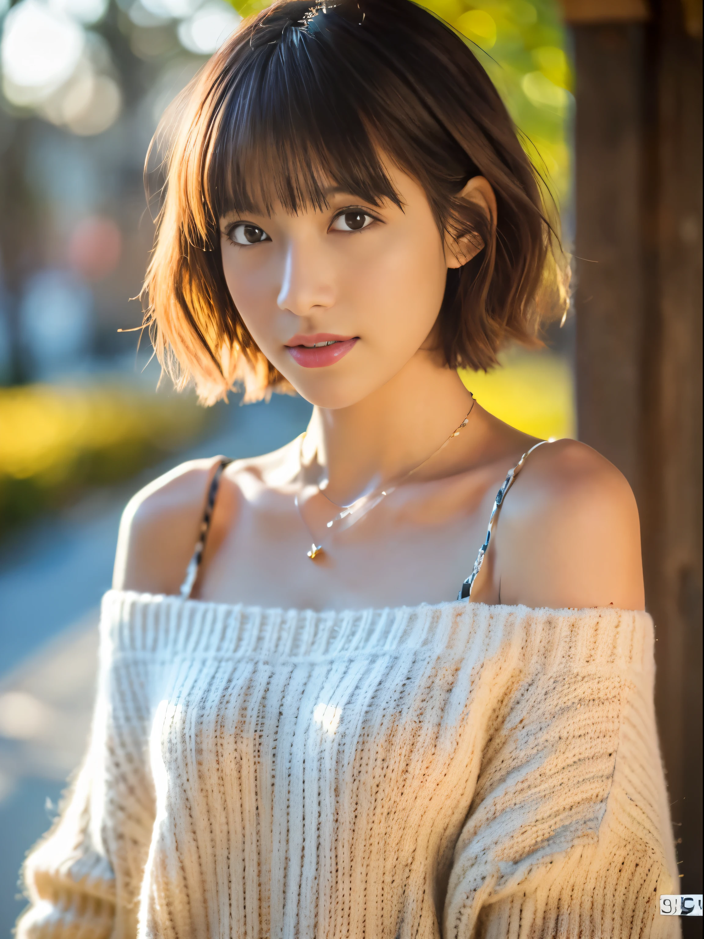 (Best Quality, 8K, 32K, masutepiece, nffsw:1.2),Photo of Pretty Japanese woman, Large breasts, Very short bob hair,Upper body,(Oversized_Sweaters,:1.1) Necklace, Simple background, looking at around