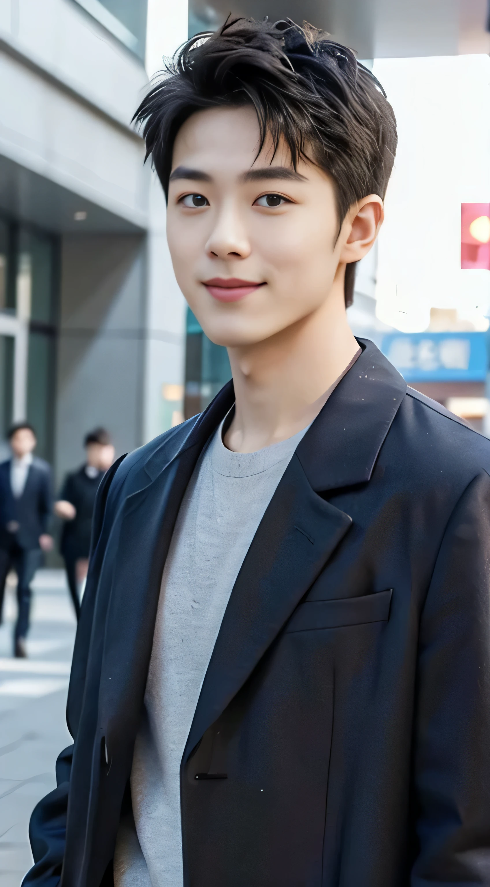 ((quality、tmasterpiece、photographyrealism:1.4、8K))、酷韩国男One guy1One guy、25 age old、Well-proportioned face、Handsome nose、detailed eyes and face、Beautiful Letnam walking on the city street)、ctextured skin、ultra - detailed、Hoch details、high high quality、A high resolution、(looking at viewert)、Detailed mouth、A smile、of the whole body:1.3