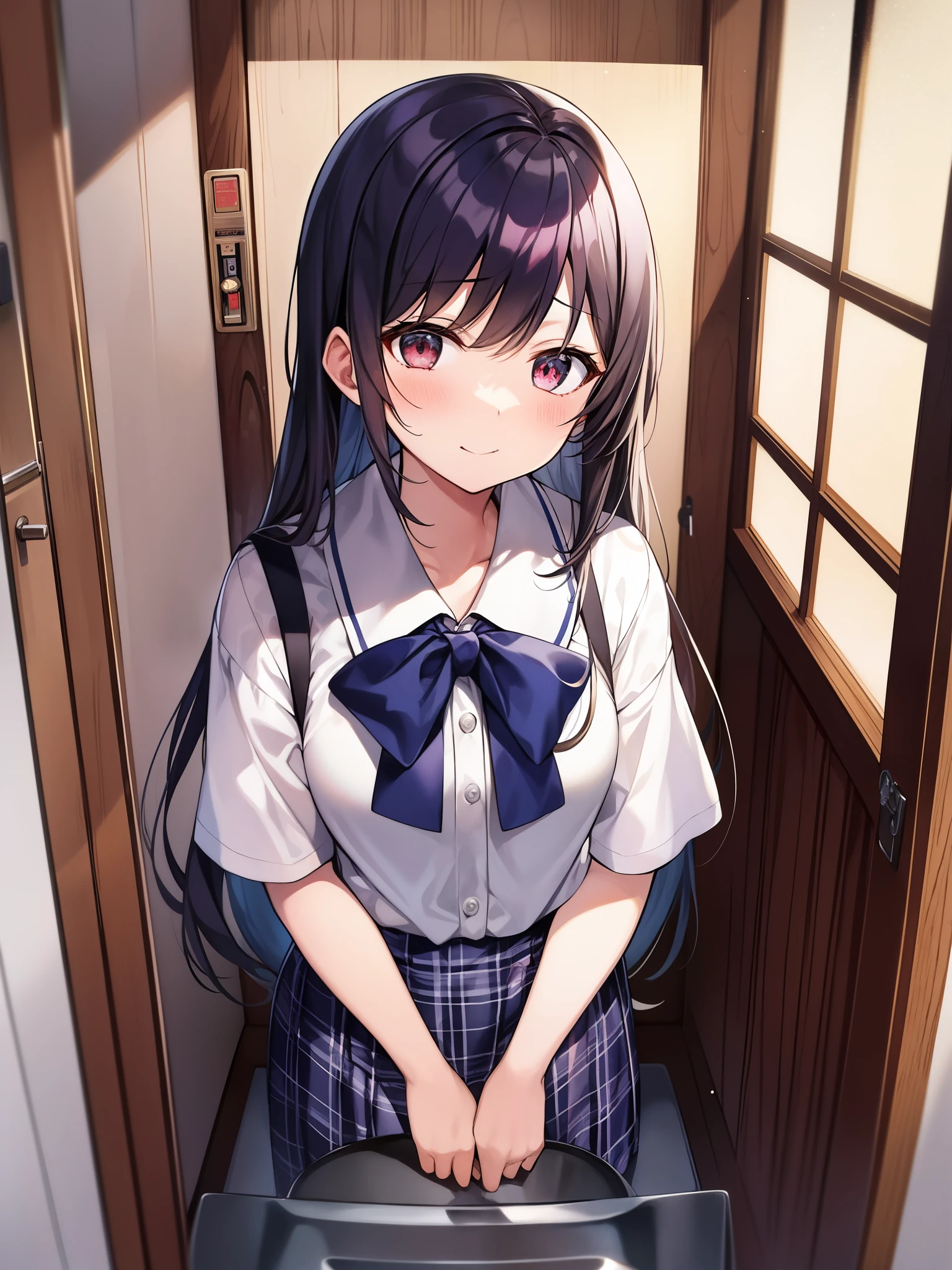 Masterpiece、top-quality、detaileds、jpn、Midnight School Toilet、teens girl、Okappa、pale skin、トイレのMs. Hanako（トイレのhaなこさん）ha、jpnの都市伝説・学校の怪談の一種で、A ghost story about a ghost that is said to appear in school toilets.[1]。誰もいないhaずの学校のトイレで、If you call in a certain way『Ms. Hanako』I get a reply from」something like。赤い吊りスカートをhaいた、Okappa頭の女の子の姿が最も有名である。He is also said to be wearing a white shirt.[2]。それ以外の噂のdetailedsha、Varies by region。 最もポピュラーな噂ha 「In the toilet on the third floor of the school building、knock on the third door three times、『Ms. Hanakoいらっしゃいますか？』As I said this, a faint voice came from the private room.「haい」I get a reply。And when you open that door、赤いスカートのOkappa頭の女の子がいてトイレに引きずりこまれる」something like。 古くha1950年頃から流布されていた「三番目のMs. Hanako」It is said that the prototype is an urban legend called。Since the 1980s, it has become a rumor among children all over the country.、第二次オカルトブーム真っ只中の1990年代にha映画や漫画、anime etc.、appearance々appeared in the works。 テレビ番組の収録中にMs. Hanakoとされる声が録音されたこともあるという[3]。