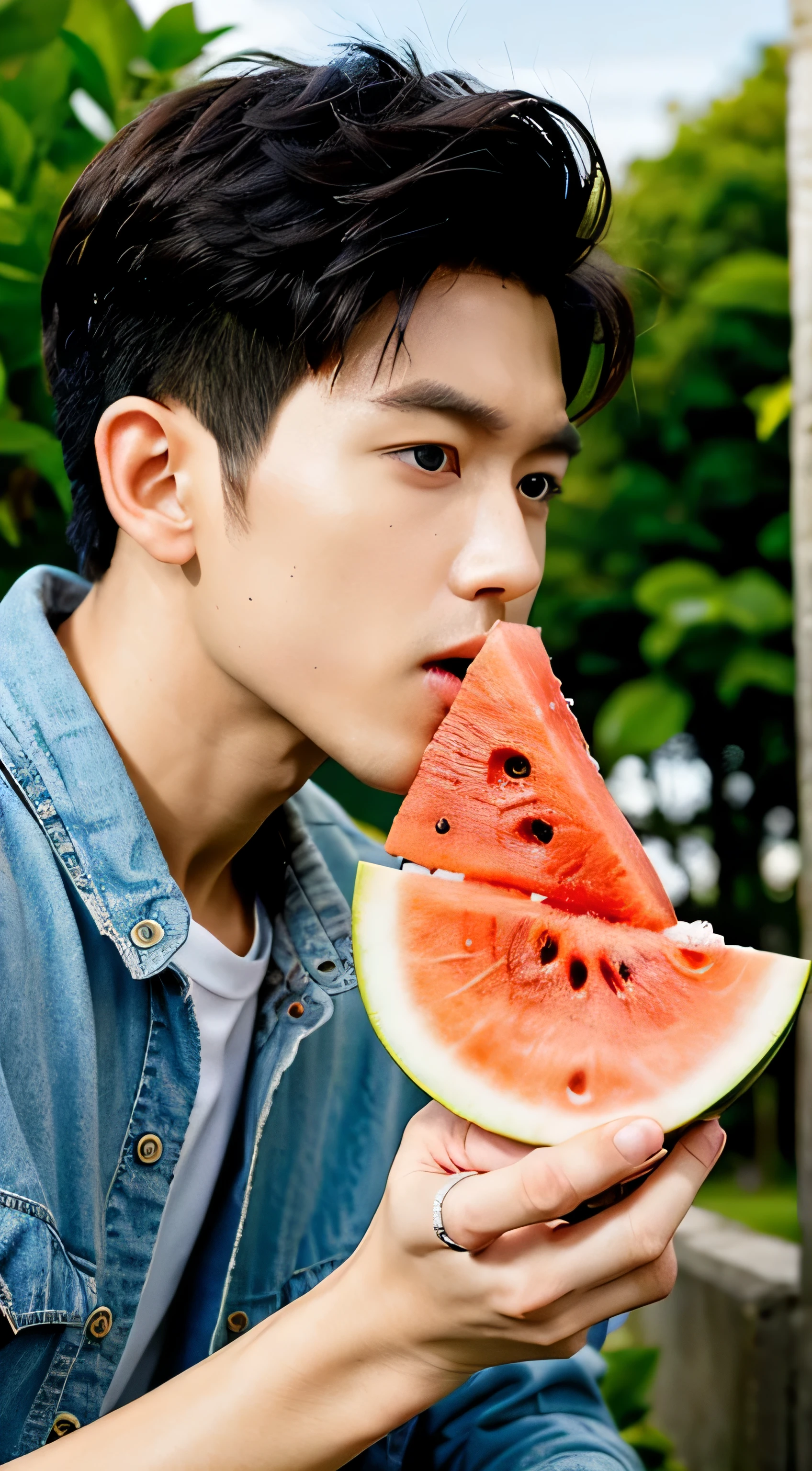 Best quality at best,(realistically:1.4), tmasterpiece, Cordas Portela 400, (Face focus:1.3),1 boy ,white skinned,Show muscles,cool in summer,eating watermelon, placed in a,Fujifilm XT3 realistic painting art by Midjourney and greg rutkowski