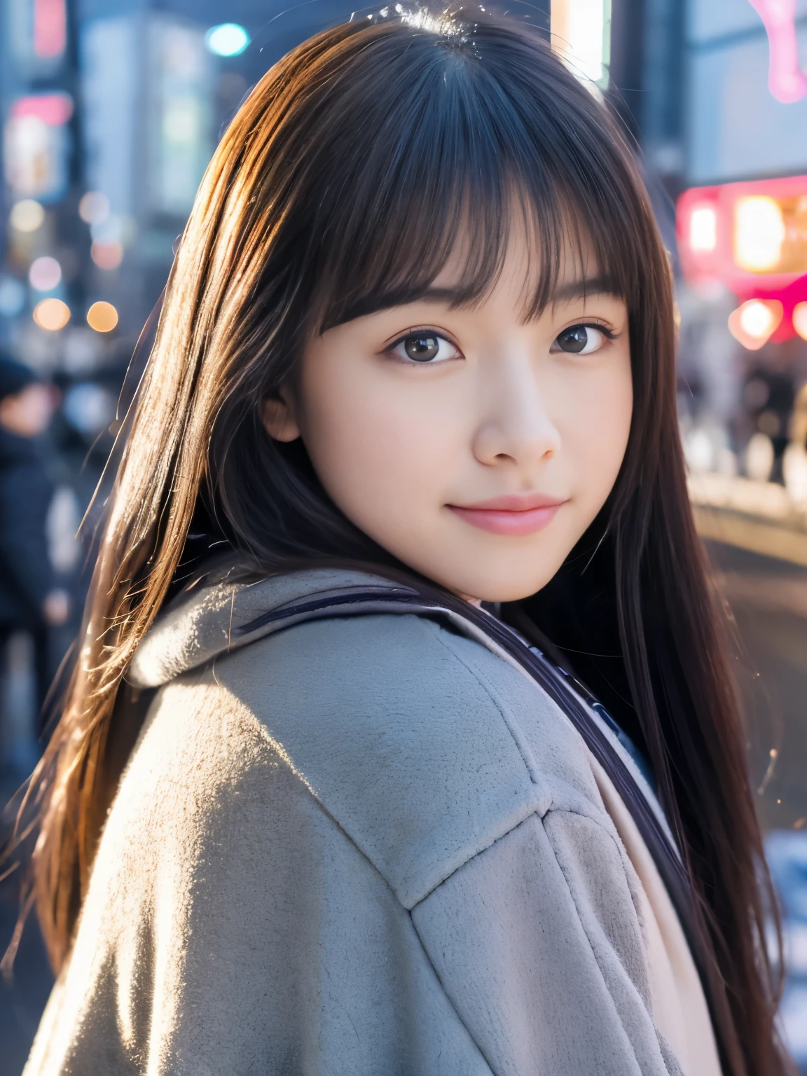 Photorealsitic, 8k full-length portraits, Beautuful Women, A charming expression, sixteen years old, TOKYOcty, Winters, Shibuya in the background