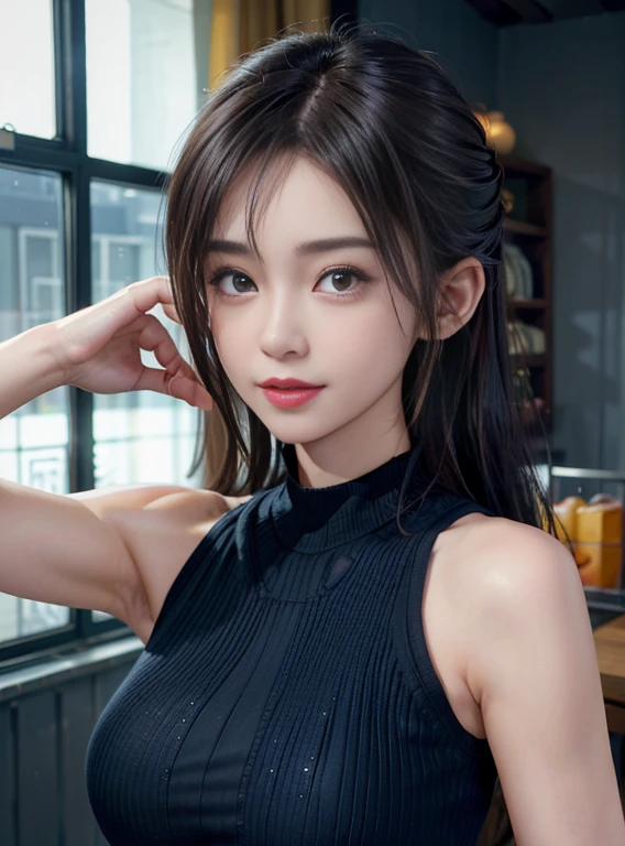((There are many wrinkles in the armpits、Show underarms、Armpit、Detailed armpit wrinkles、Dark armpit color、Detailed armpit wrinkles、detailed skin textures、Raise your hand to show your armpits、Armpit、Sleeveless sweater、Dark blue high neck Sleeveless sweater))、realisitic、Photorealsitic:1.37)、(8K、Raw photography、top-quality、​masterpiece:1.2)、cute little、ultra-detailliert、Heart-shaped pupil、physically-based renderingt、超A high resolution、Kodak Vision Color、Captured with an Arricam LT camera、bokeh dof、foco nítido、
looking at viewerer、Photorealsitic、realisitic、独奏、Photorealsitic、top-quality、extra detailed face、extremely detailed eye and face、beatiful detailed eyes、absurderes、信じられないほどabsurderes、haunting smile、high-ponytail Hairstyle、upper body closeup
