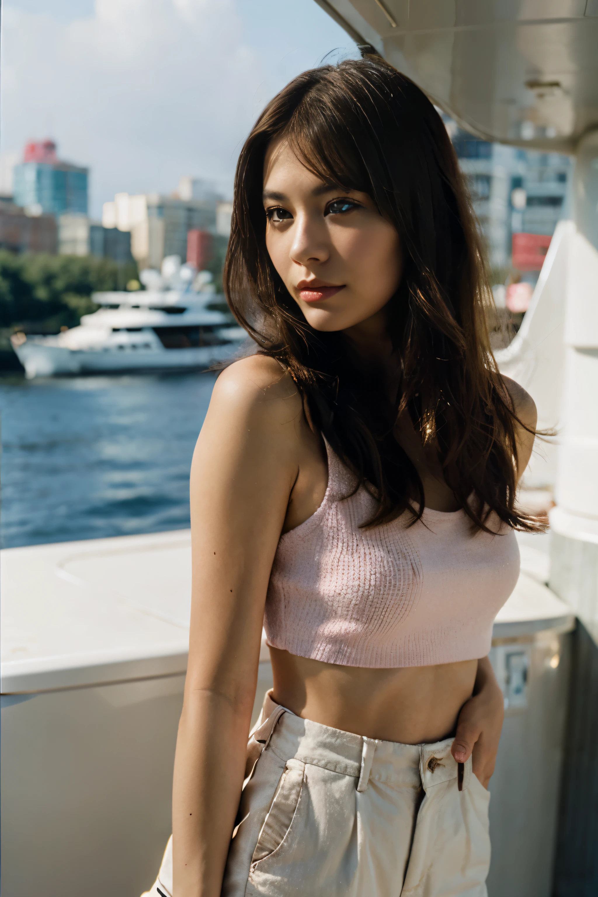 Half body portrait of a brunette woman on a yacht. Shot on kodak gold 400, light pink hair, background in a public place highway