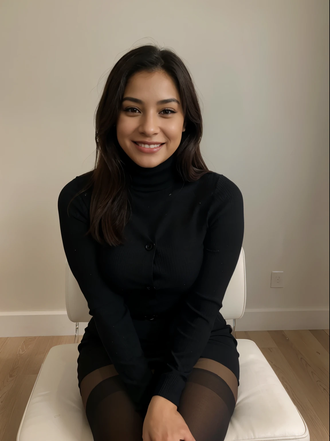 photo image, lifelike, show entire body, Latina woman sitting at a job interview, she is wearing a turtleneck dress, and black tights, the interviewer is a female, she’s wearing a button down shirt, short skirt and pantyhose, they are both smiling
