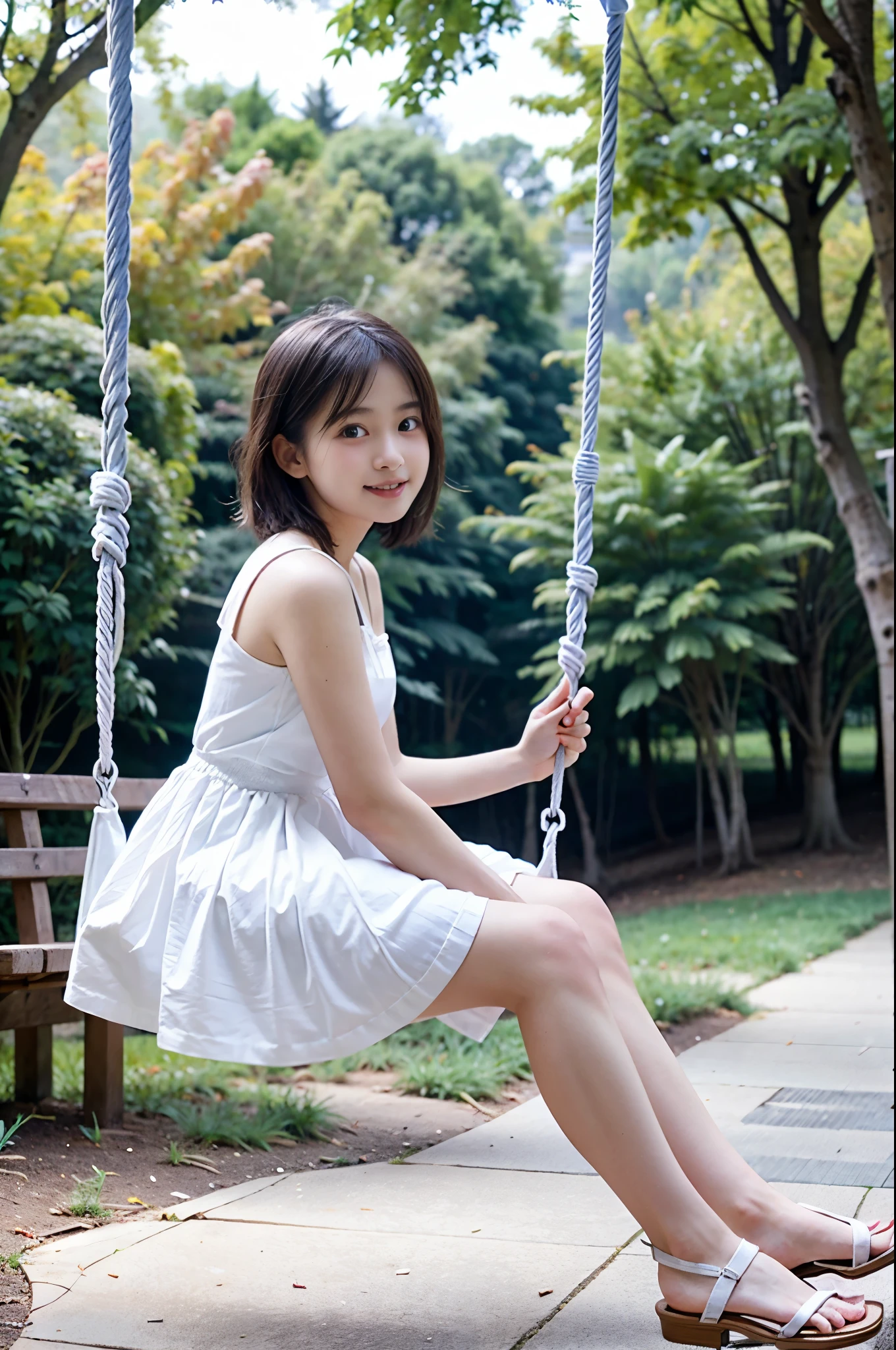 (Best Quality,4K,hight resolution,masutepiece:1.2),girl with ()、Wearing a white dress、shortpants、Ride the swing、a closeup,sideshot、spring city park,Soft lighting,Vibrant colors,Happiness,Welcoming environment,Warmth,Shortcut Hair,Peace and quiet,Excitement and anticipation,Snowy landscape,Enchanted moments,
