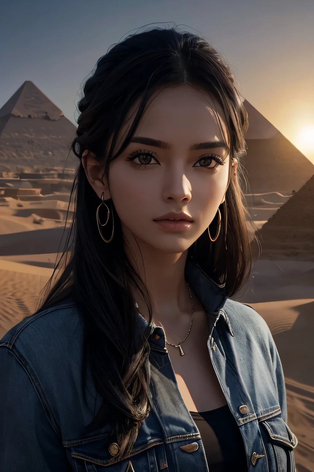 por la noche una mujer hermosa ((Cara perfecta)), vestida con jeans y una camiseta estilo dior negra, con botas, cabello ?????, brown eyes, Pendientes, fondo gris, jewely, labios, Mirando al espectador,, en el desierto egipcio, with the pyramids in the background, de pie junto a un faro luminoso, It&#39;s night and only the light from the headlight illuminates it.., cinematic lighting , Pintura digital, Dramatic lighting, volumetric light