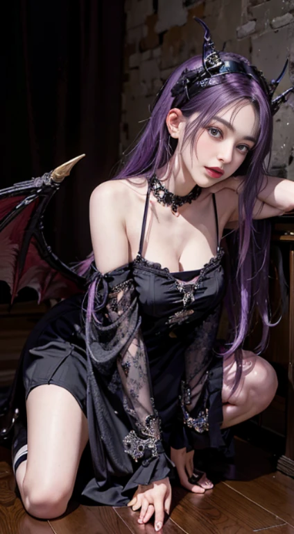 Dark style、Succubus、Devil's Daughter、Bat Wings，(((Demon Hornlack-rimmed round glasses))))、(((Colossal tits)))、(Devil's Tail),（Woman lying on bed）1 girl, Silver hair, striated hair, Bangs, Blunt bangs, Long hair, Pink hair, aqua eyes, longeyelashes, Purple eyes, makeup, Smile, Parted lips, Realism, Verism, surrealism, depth of fields, One-person viewpoint, retinas, masutepiece, ccurate, Anatomically correct, Textured skin,（Coarse short sweater）Floats off the shoulders、off shoulderlack tight skirt（（Full Body Angle））、stick out buttocks）、（shapely breasts,)、((sexypose)))、(camel's toe), tongue、Vaginal orchids、Runny Vaginal Discharge、Blowing tide、Very beautiful breasts、Grasp your breasts with both hands、sexual excitement、 Expressions、shinny skin。realisitic、(Kpop Idol)、Medium Hair、(Pink blush)、(illuminating)、(solo)、dynamicposes、((erectile nipple))、(Puffy eyes:1.２)、 (Slim legs)、erotick