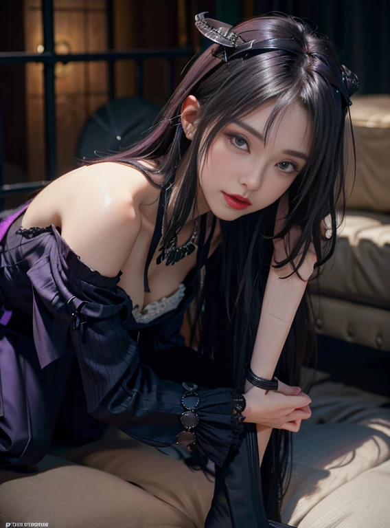 （a dark night，Bedrooms：1. a matural female，purple-black hair,A pair of dragon horns，A pair of giant dragon wings，standing on your feet，One Word Step，flirtatious）， tmasterpiece， best qualtiy， RAW photogr， realisticlying， incredibly absurd res，， Ear studs， (Long flowing purple hair)，eyeshadow bracelet，Headchain，(A wide variety of complex jewelry)，eardrop，Foot Ring，Black Lolita Dress Long Dress Rack Suspender Stockings Legs Without Shoes。)，Jade Foot，depth of fields， hight resolution， ultra - detailed， Filigree， RAWE is very detailed， extremely detailed eye and face， Sharp pupils， pupil realistic， tack sharp focus， cinmatic lighting，full body Esbian，large boob，front long legs，banquet，dynamicposes，Normal posture，close up of face